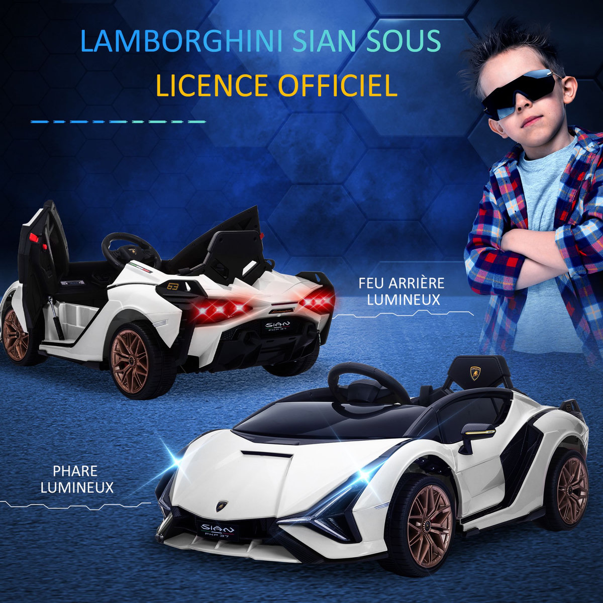 HOMCOM Voiture électrique enfant véhicule électrique enfant de sport supercar 12 V - V. Max. 8 Km/h télécommande incluse ouverture portes MP3 USB effets sonores lumineux blanc