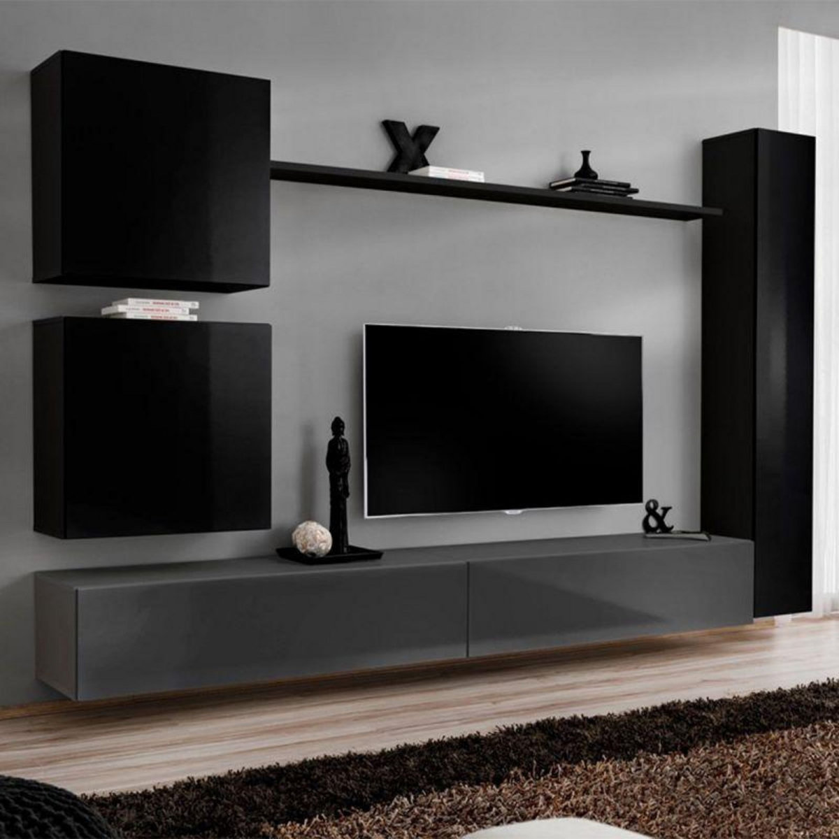 Paris Prix Meuble TV Mural Design  Switch VIII  280cm Noir & Gris