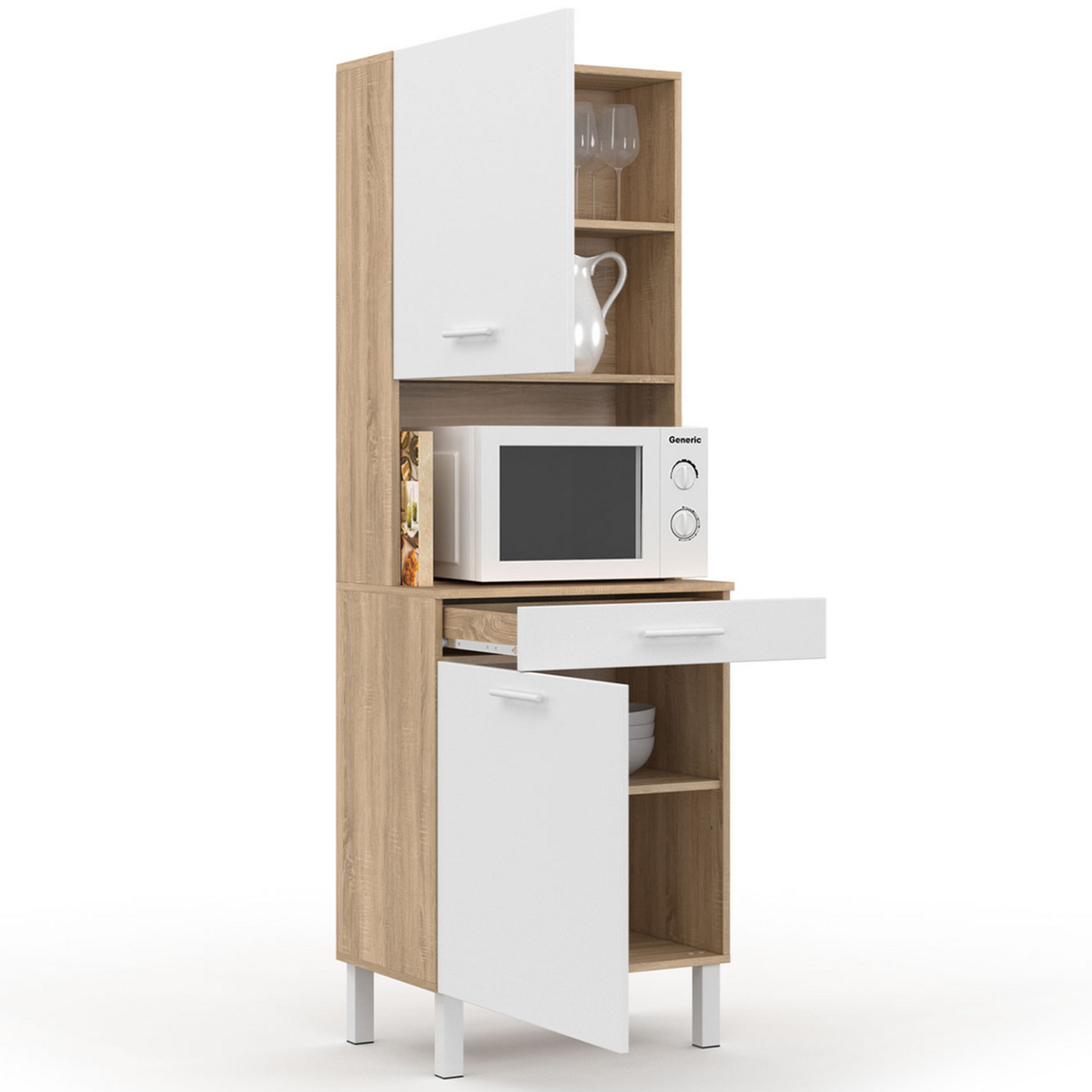 ID MARKET Buffet de cuisine 60 CM CINA 2 portes + tiroir façon hêtre et blanc