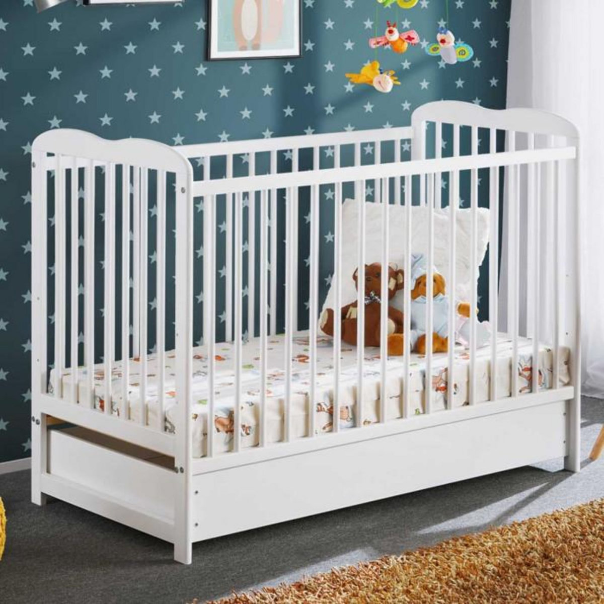 Paris Prix Lit Bébé, Matelas & Tiroir  Ala  60x120cm Blanc Mat