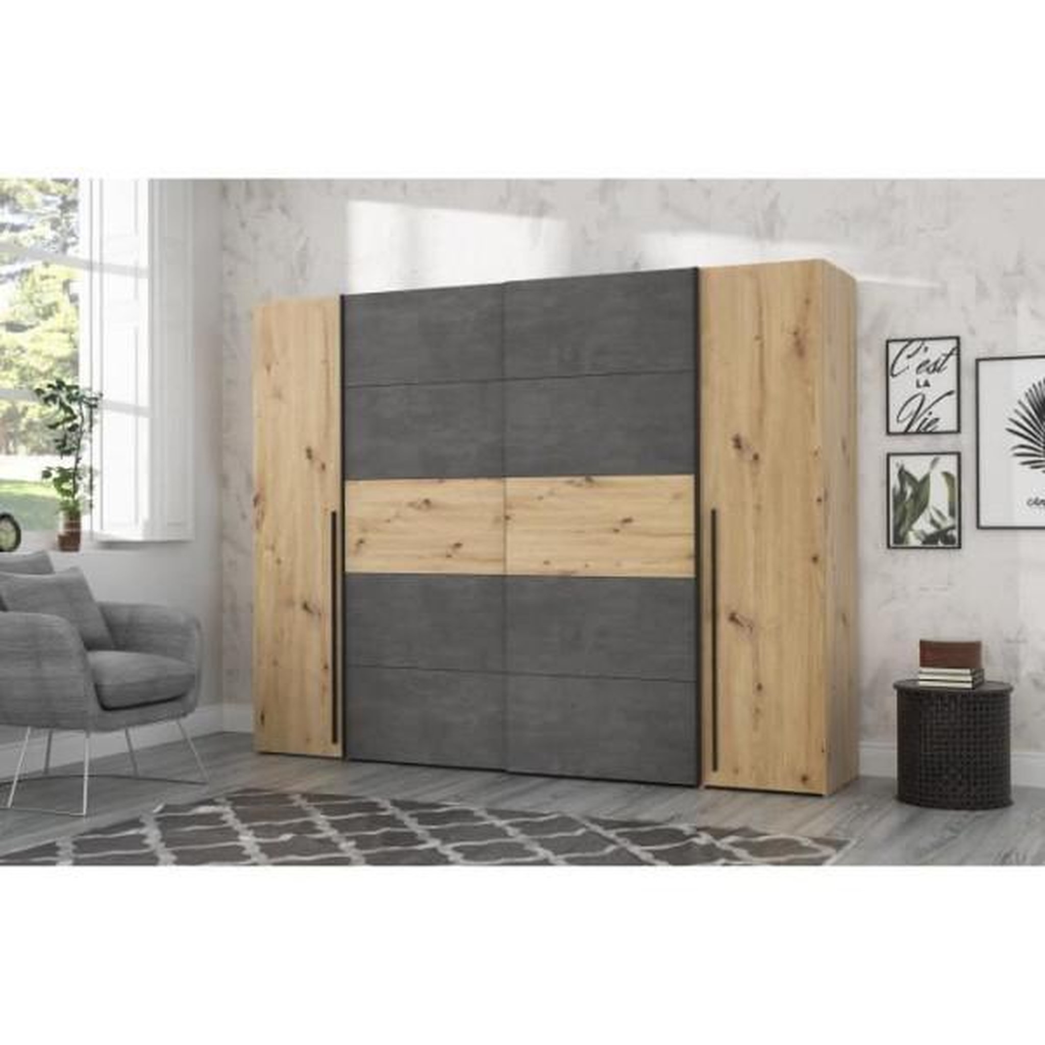 Voir la diapositive 3 : MARKET24 Armoire - Décor chene artisan et béton gris - 2 portes battantes + 2 portes coulissantes - L 270,3 x P 61,2 x H 210 cm - NARAG