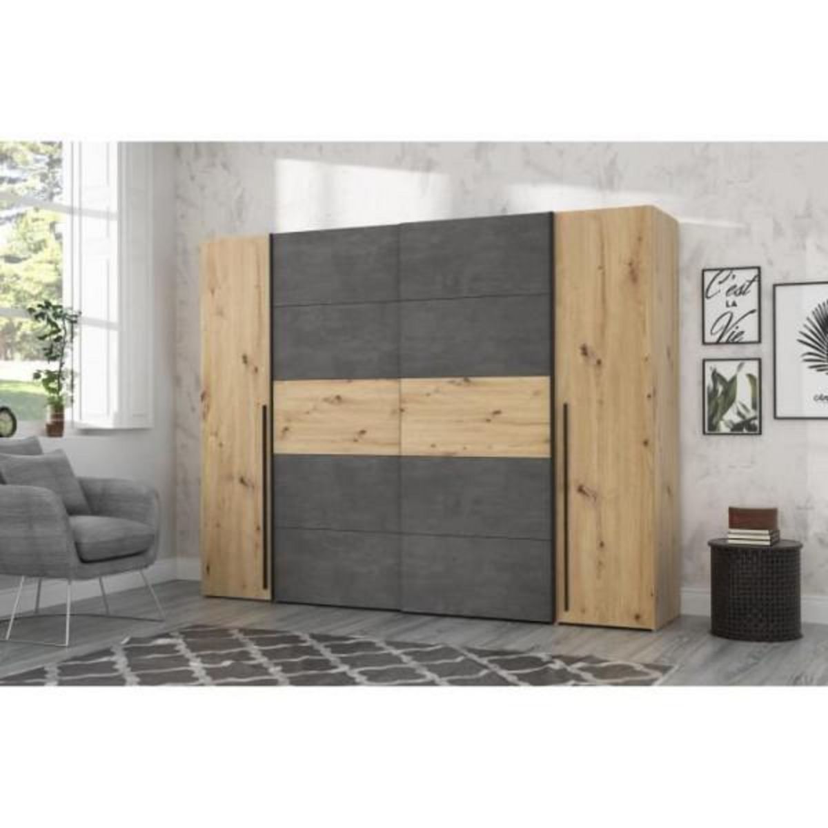 MARKET24 Armoire - Décor chene artisan et béton gris - 2 portes battantes + 2 portes coulissantes - L 270,3 x P 61,2 x H 210 cm - NARAG