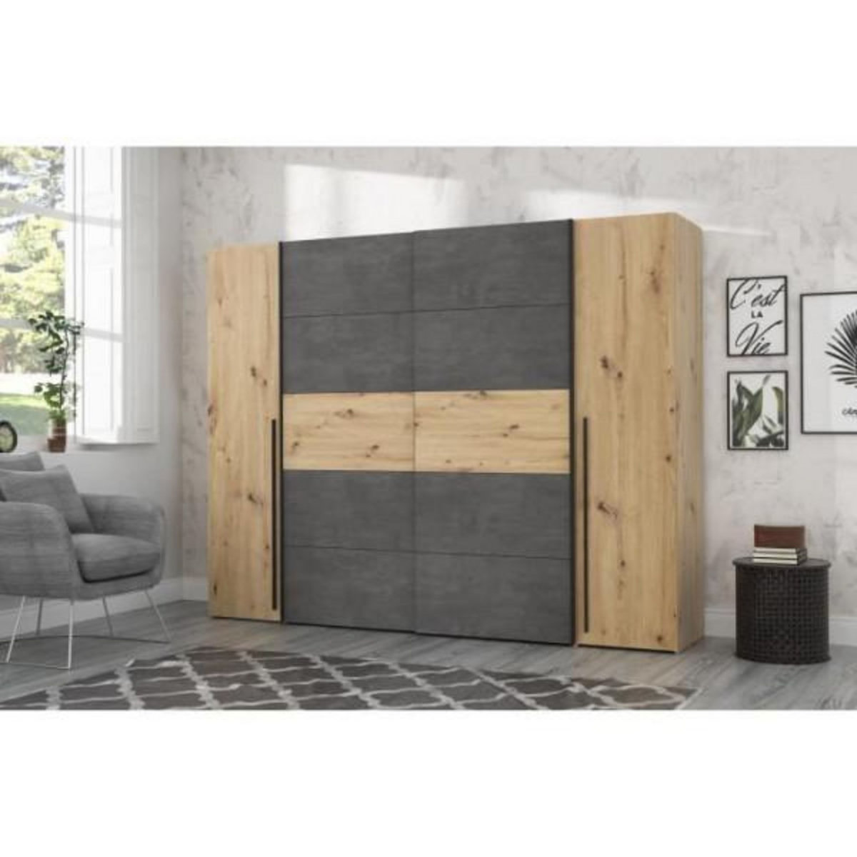 MARKET24 Armoire - Décor chene artisan et béton gris - 2 portes battantes + 2 portes coulissantes - L 270,3 x P 61,2 x H 210 cm - NARAG