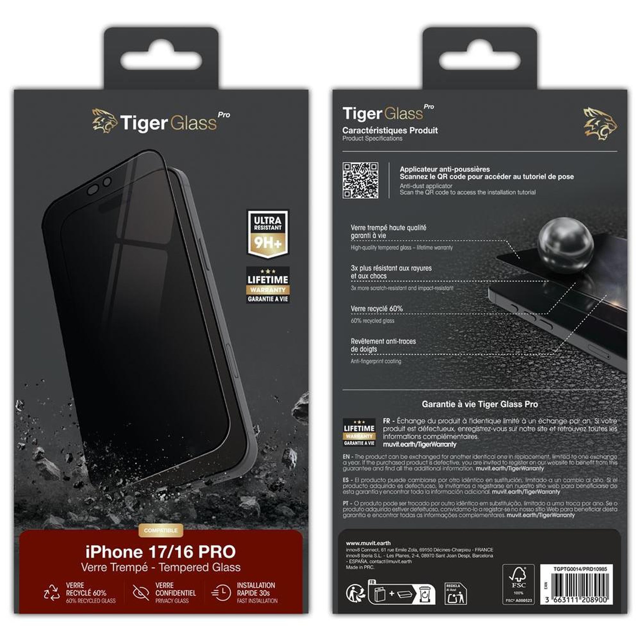 TIGER GLASS Protection écran en verre trempé pro 9h+ anti-rayures pour iphone 17 et iphone 16 pro