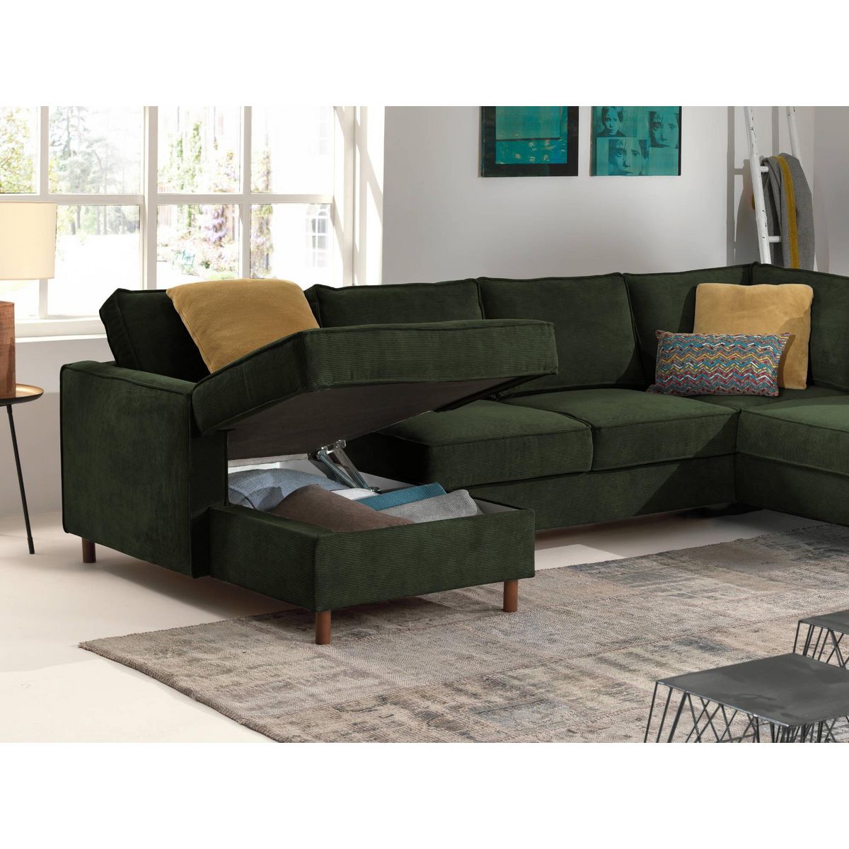 LISA DESIGN Jake - canapé panoramique d'angle droit - convertible avec coffre - 7 places - en velours côtelé