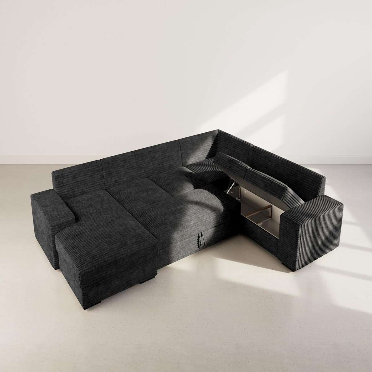 BEST MOBILIER Lorie - canapé panoramique d'angle droit 7 places convertible en velours côtelé grosse côte avec coffre