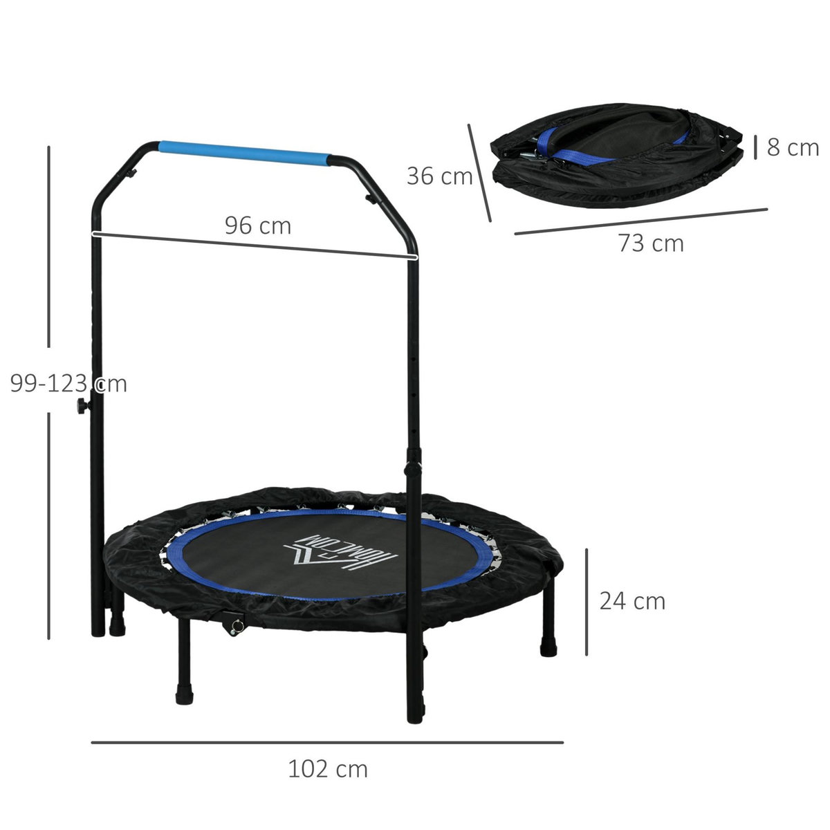 HOMCOM Trampoline de fitness gym pliable - poignée réglable, 28 ressorts - Ø 102 cm - noir bleu