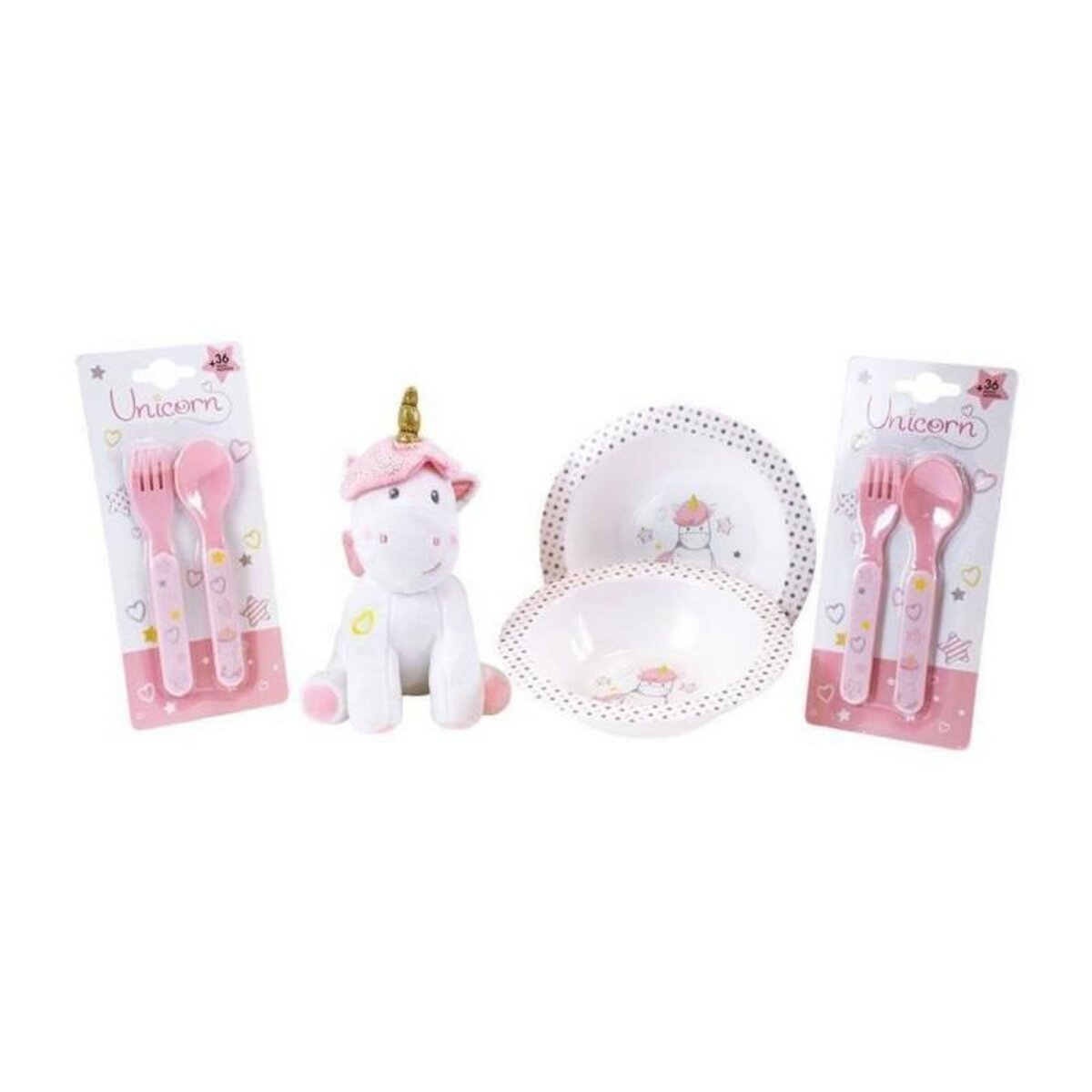 Fun House Lot Vaisselle Licorne pour Enfant - FUN HOUSE - 006319 - 2 Assiettes, 2 Sets de Couverts et 1 Peluche Douce