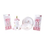 Fun House Lot Vaisselle Licorne pour Enfant - FUN HOUSE - 006319 - 2 Assiettes, 2 Sets de Couverts et 1 Peluche Douce