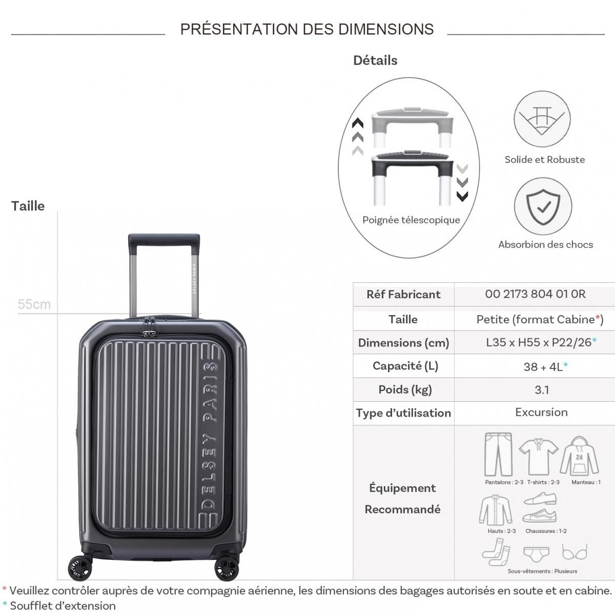 Delsey Valise cabine Securitime Zip TSA polycarbonate 55cm