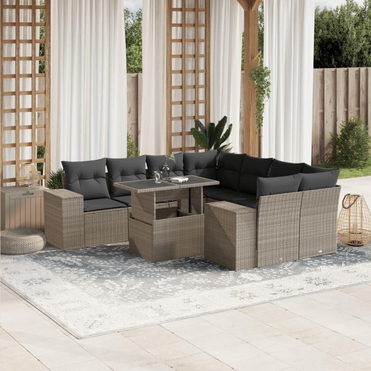 VIDAXL Salon de jardin 9 pcs avec coussins gris clair resine tressee