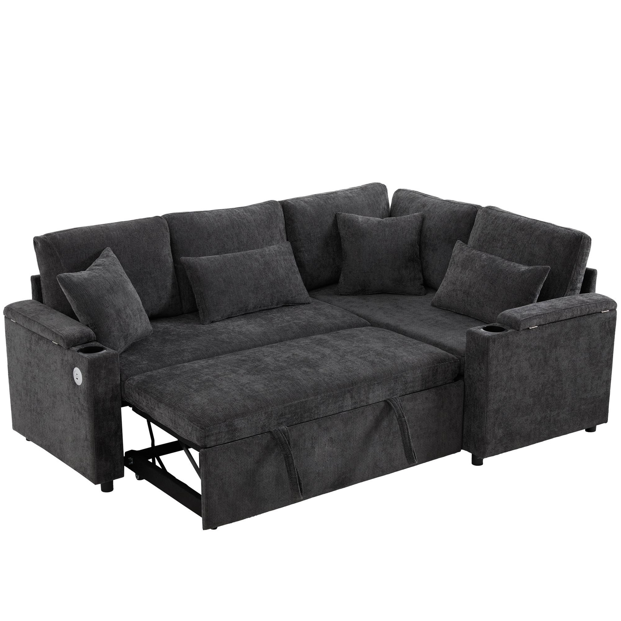 MERAX Canapé d'angle droit convertible 4 places tissu coffre de rangement. Coloris disponibles : Gris, Beige