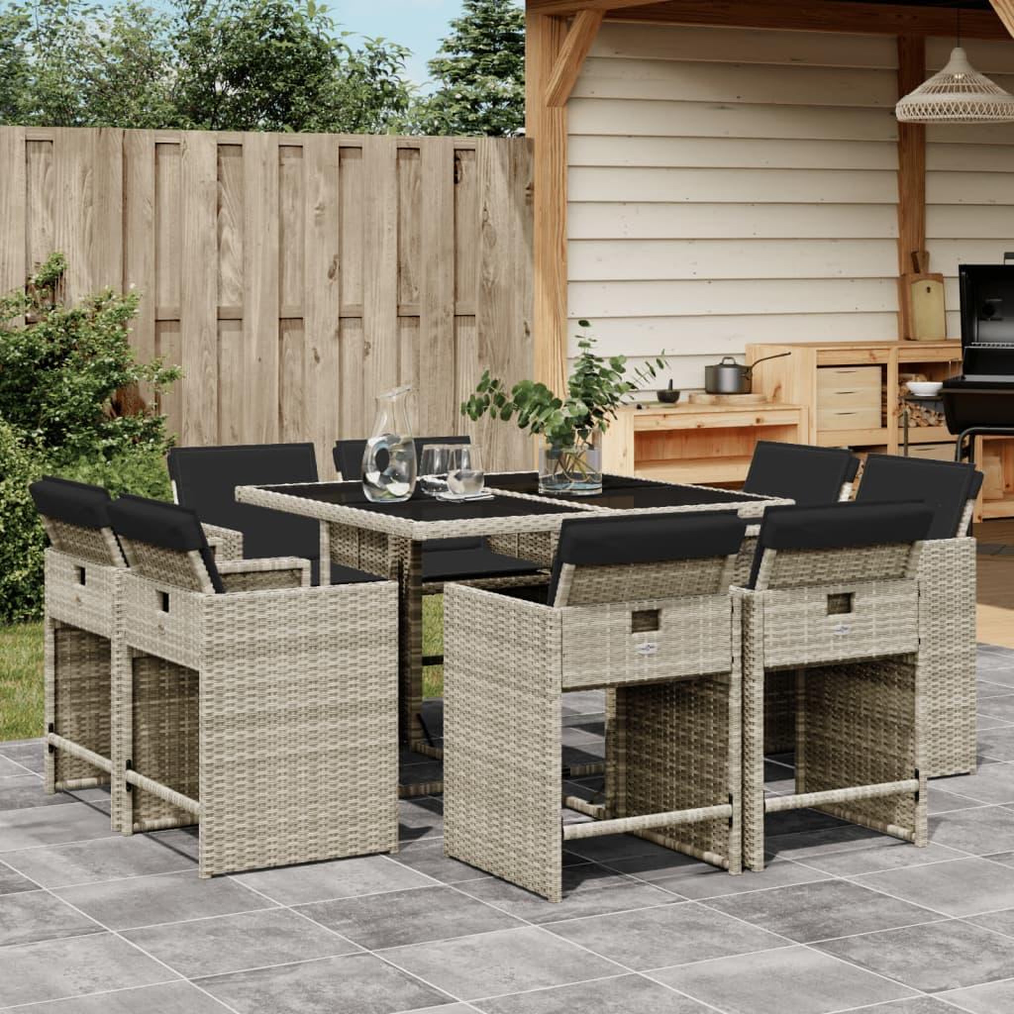 VIDAXL Ensemble a manger de jardin et coussins 9 pcs gris clair rotin