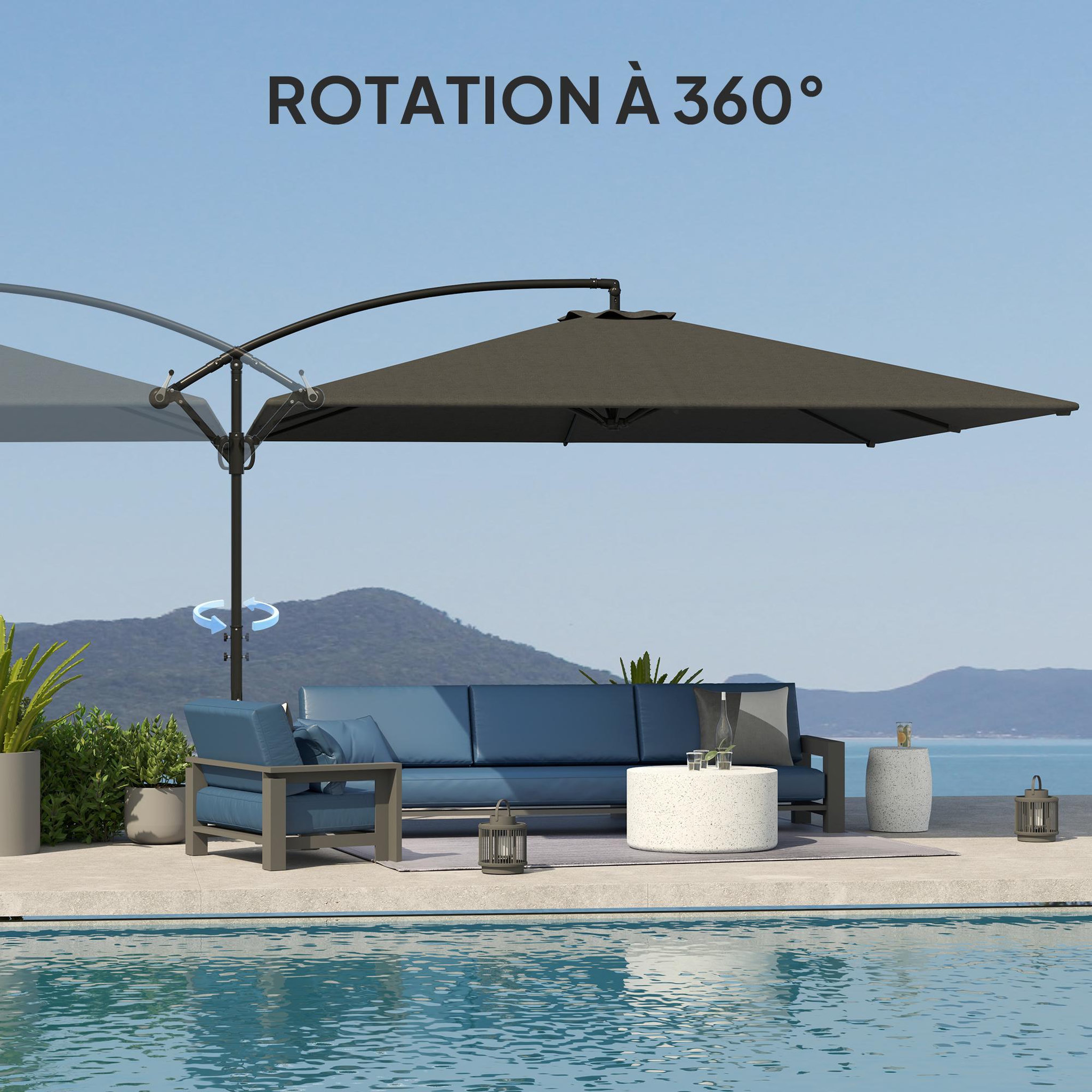 Voir la diapositive 5 : OUTSUNNY Parasol déporté rectangulaire grande taille dim. 3,55 x 3,9 m - inclinable, pivotant - manivelle, piètement en croix - gris