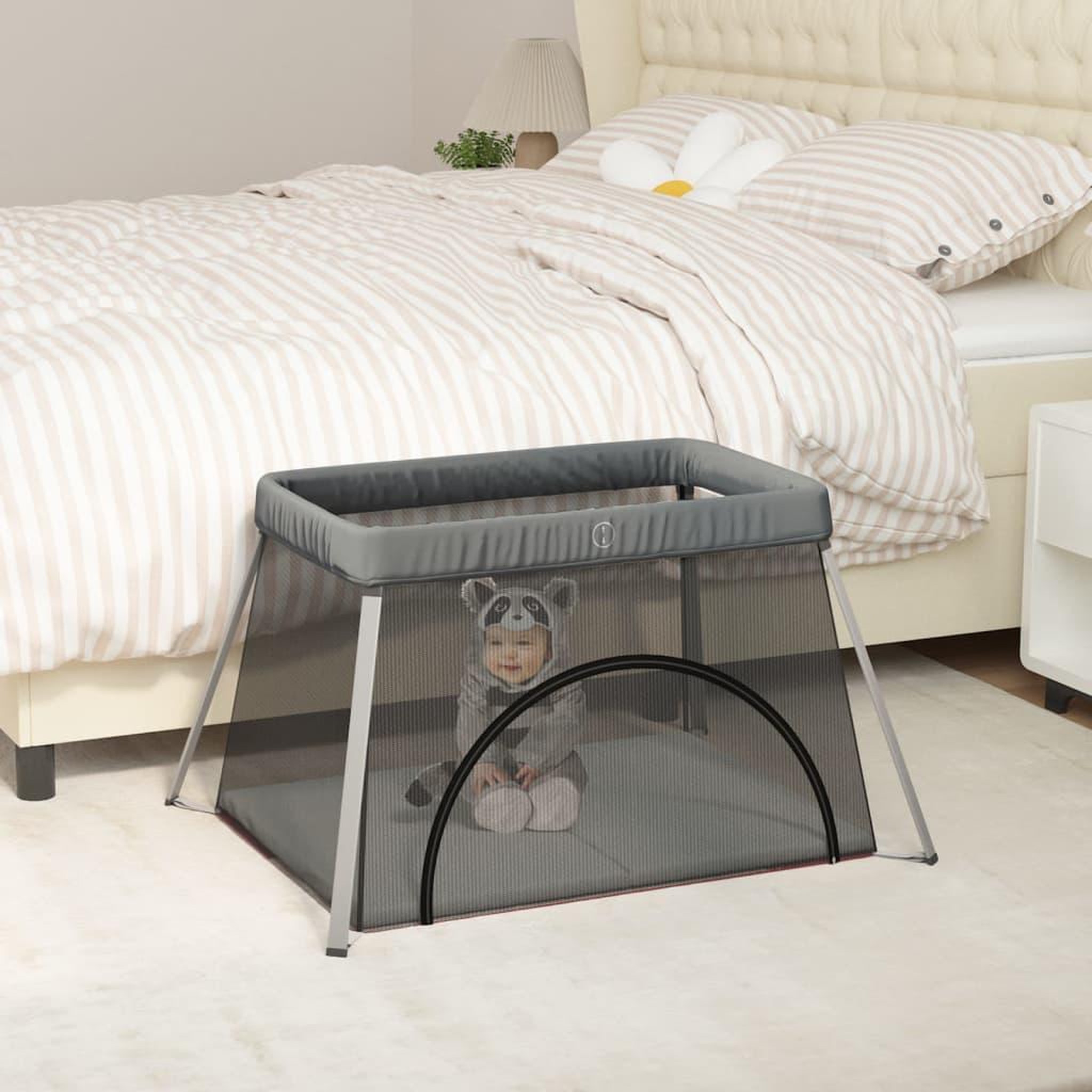 Voir la diapositive 1 : VIDAXL Parc pour bebe avec matelas Gris fonce Tissu de lin