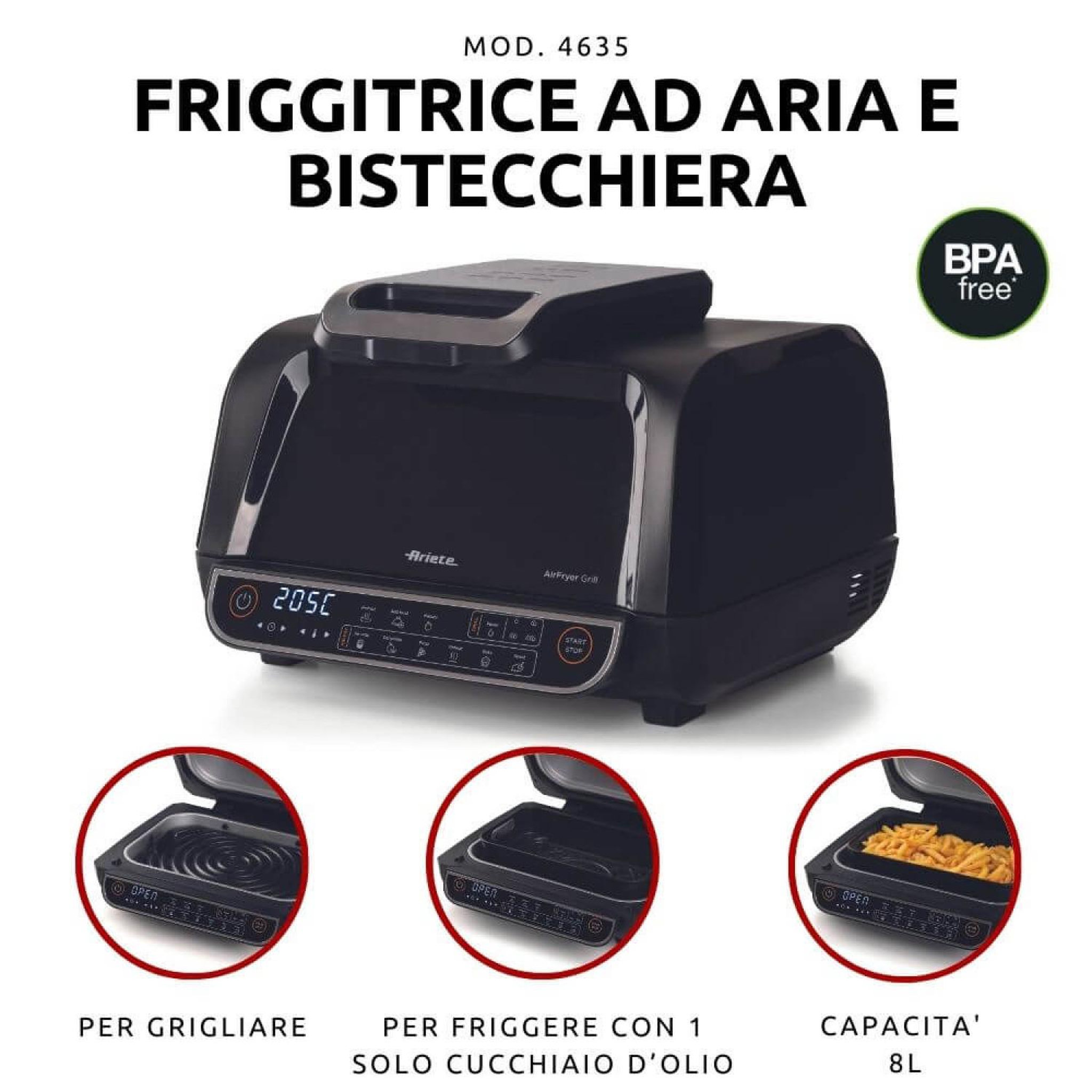 Voir la diapositive 3 : ARIETE Ariete 4635 air fryer grill, friteuse à air et gril, poêle à steak, 1700 w, capacité 8 l, frire et griller, 8 fonctions de cuisson, minuterie, noir