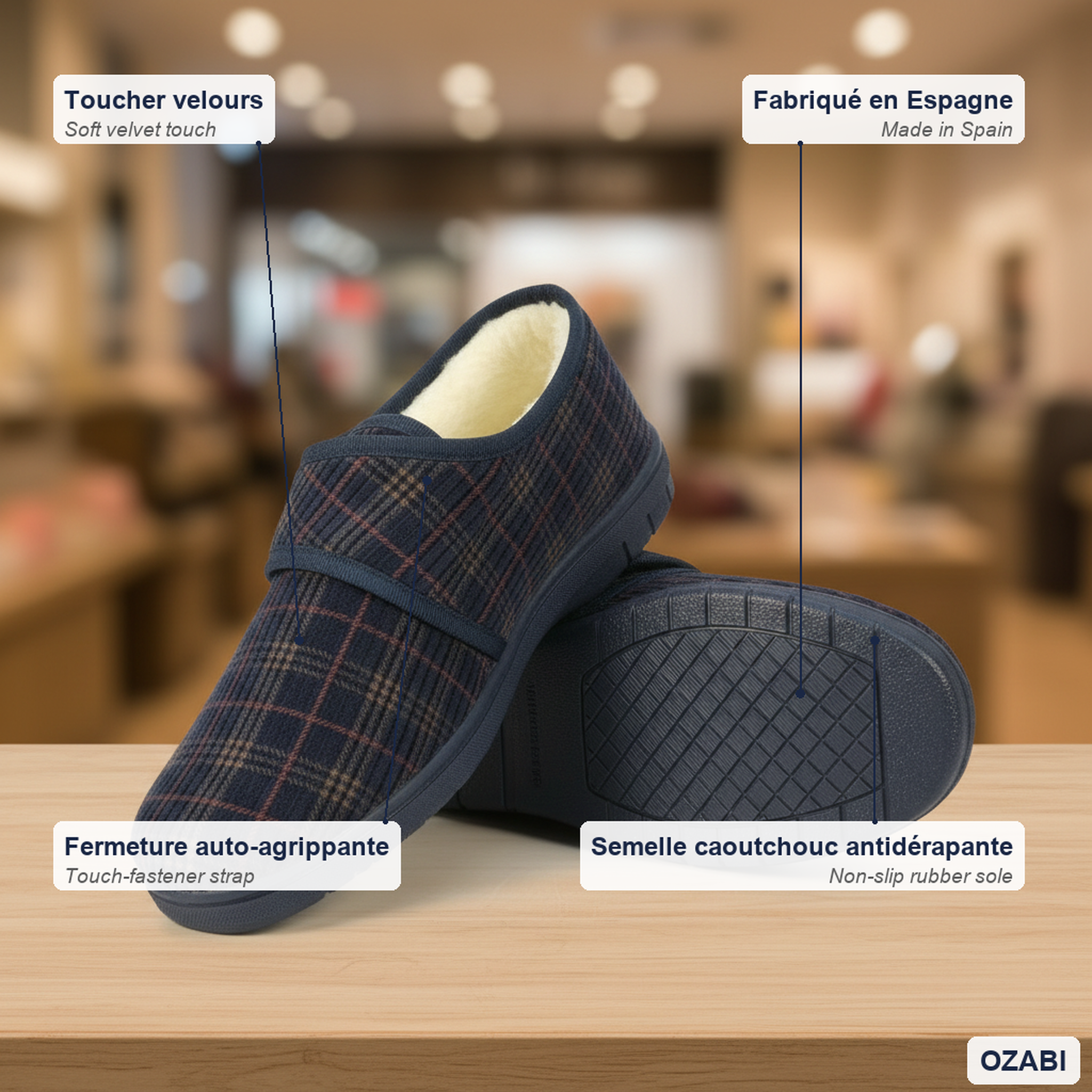 Voir la diapositive 4 : OZABI Ozabi charentaises homme fabriquées en espagne, fermeture auto-agrippante