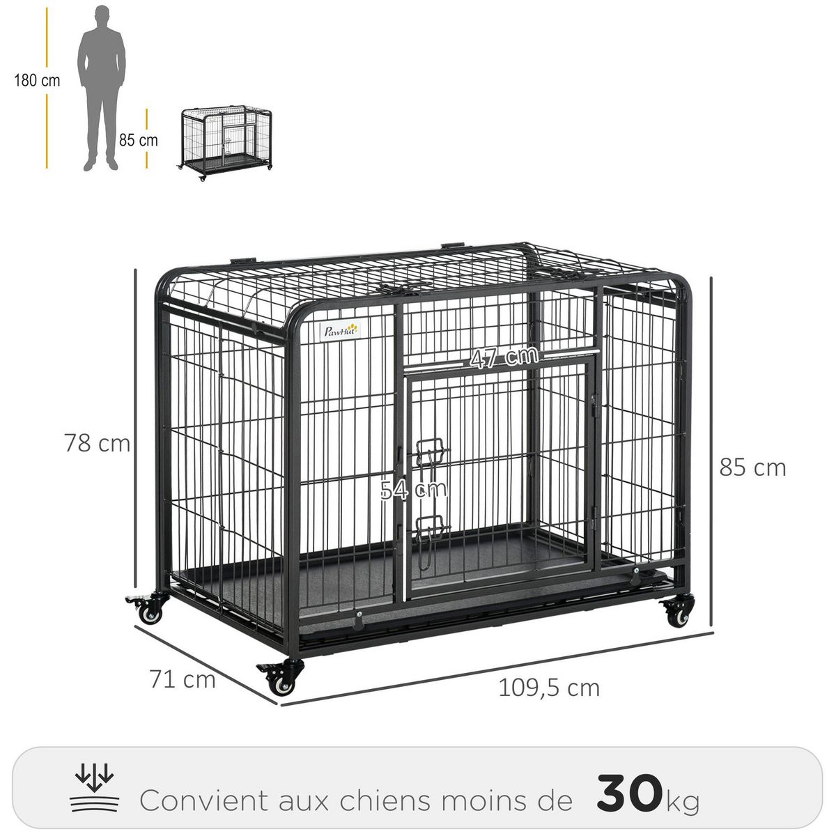 PAWHUT Cage pour chien pliable cage de transport sur roulettes 2 portes verrouillables plateau amovible dim. 109,5L x 71l x 78H cm métal gris noir