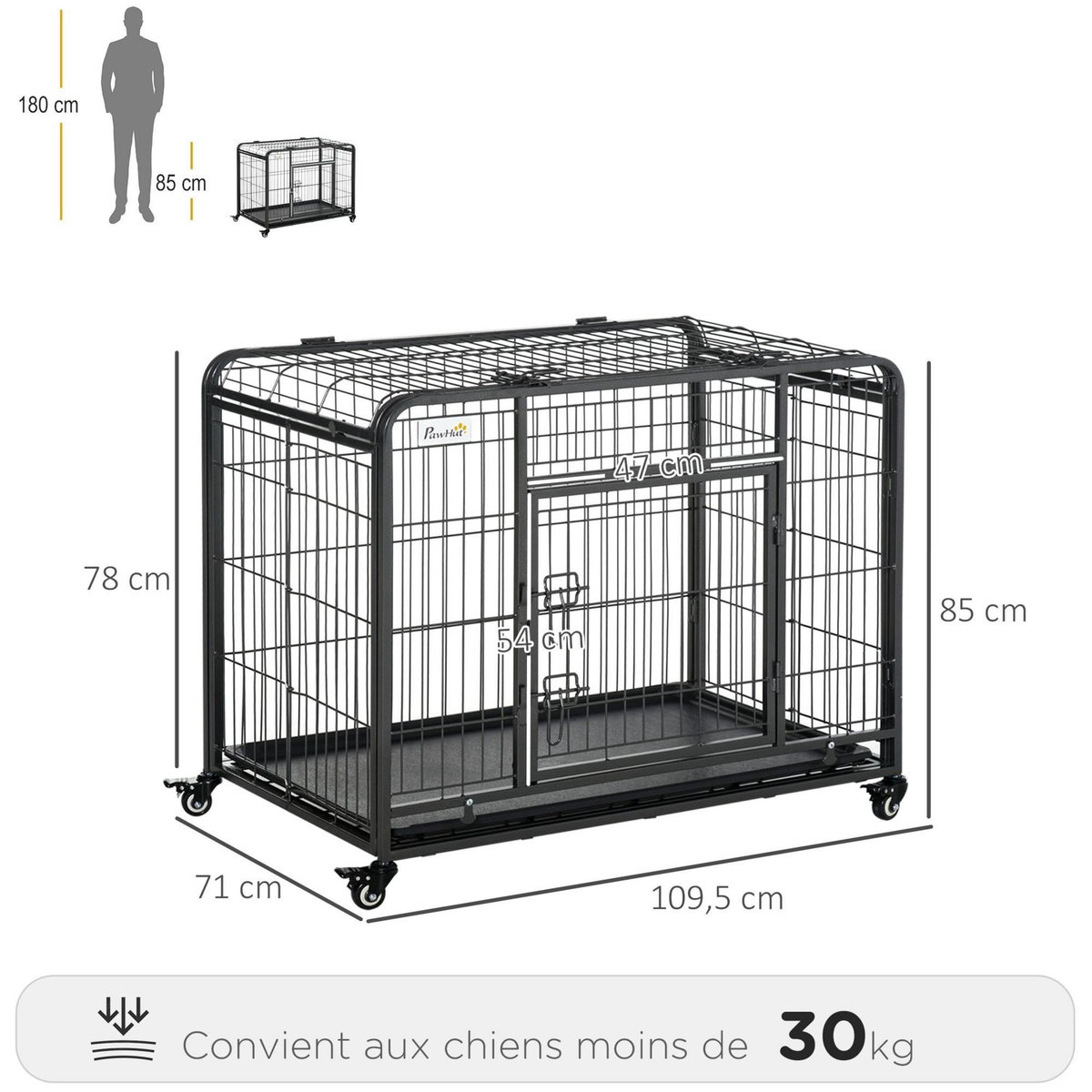 PAWHUT Cage pour chien pliable cage de transport sur roulettes 2 portes verrouillables plateau amovible dim. 109,5L x 71l x 78H cm métal gris noir