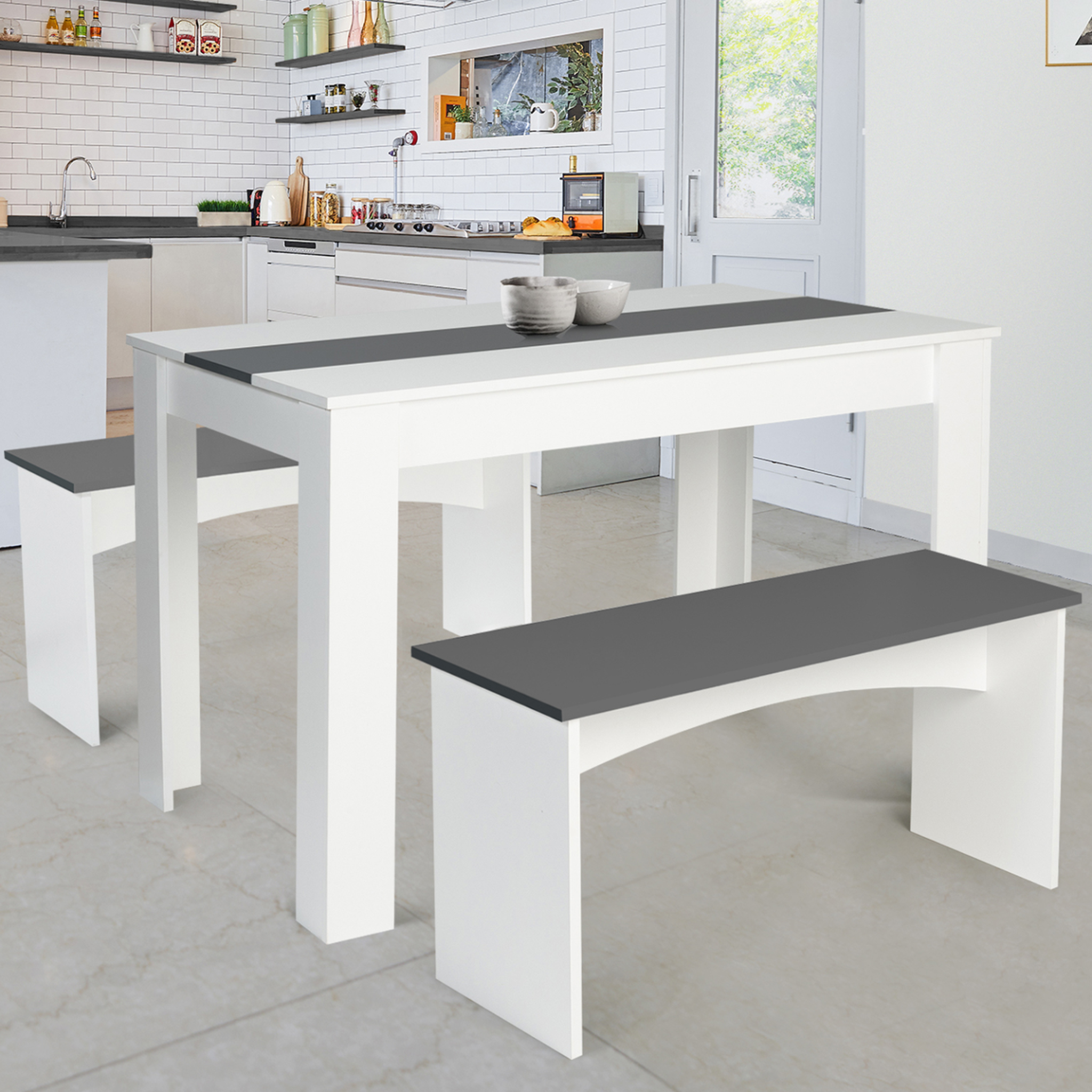 Voir la diapositive 2 : ID MARKET Ensemble table à manger et 2 bancs rozy 4 personnes blanc et gris 110 cm