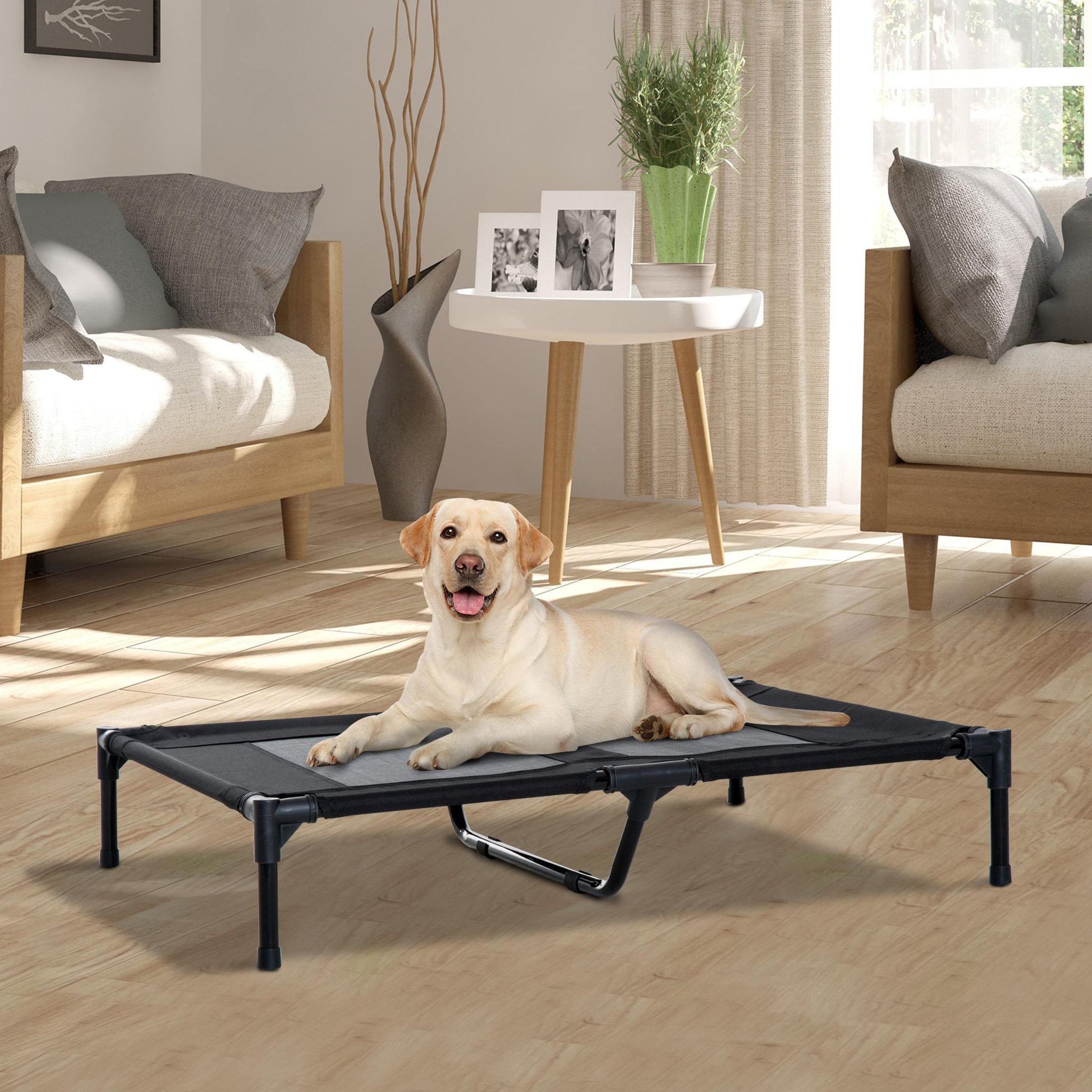 Voir la diapositive 2 : PAWHUT Lit sur pieds pour chien chat lit de camp animal lit surélevé oxford textilène micro-perforé dim. 92l x 76l x 18h cm noir