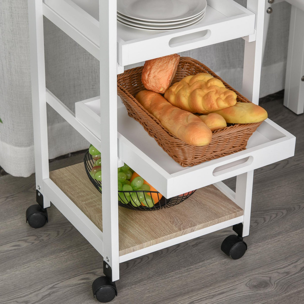 HOMCOM Chariot de service desserte de cuisine à roulettes 2 plateaux amovibles, tiroir, étagère MDF chêne clair bois pin