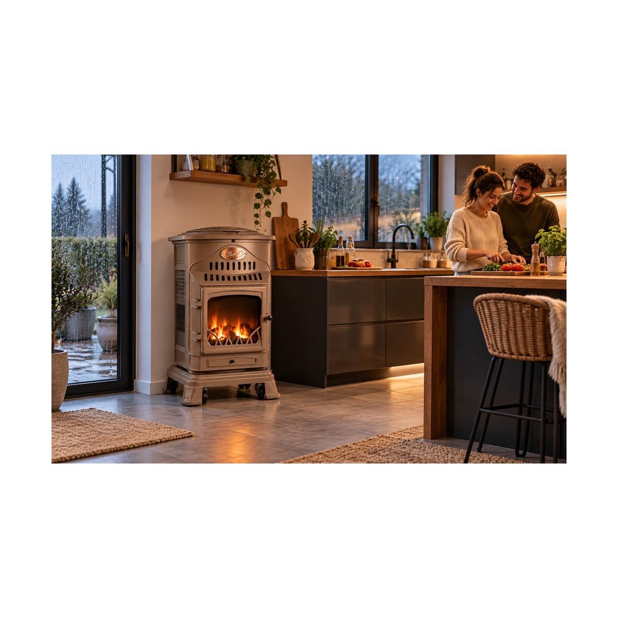 Voir la diapositive 5 : UNIVERSAL Poele à gaz 3,4 KW MARRON Effet poêle à bois Fonte véritable + Tuyau gaz + détendeur butane Provence Sahara