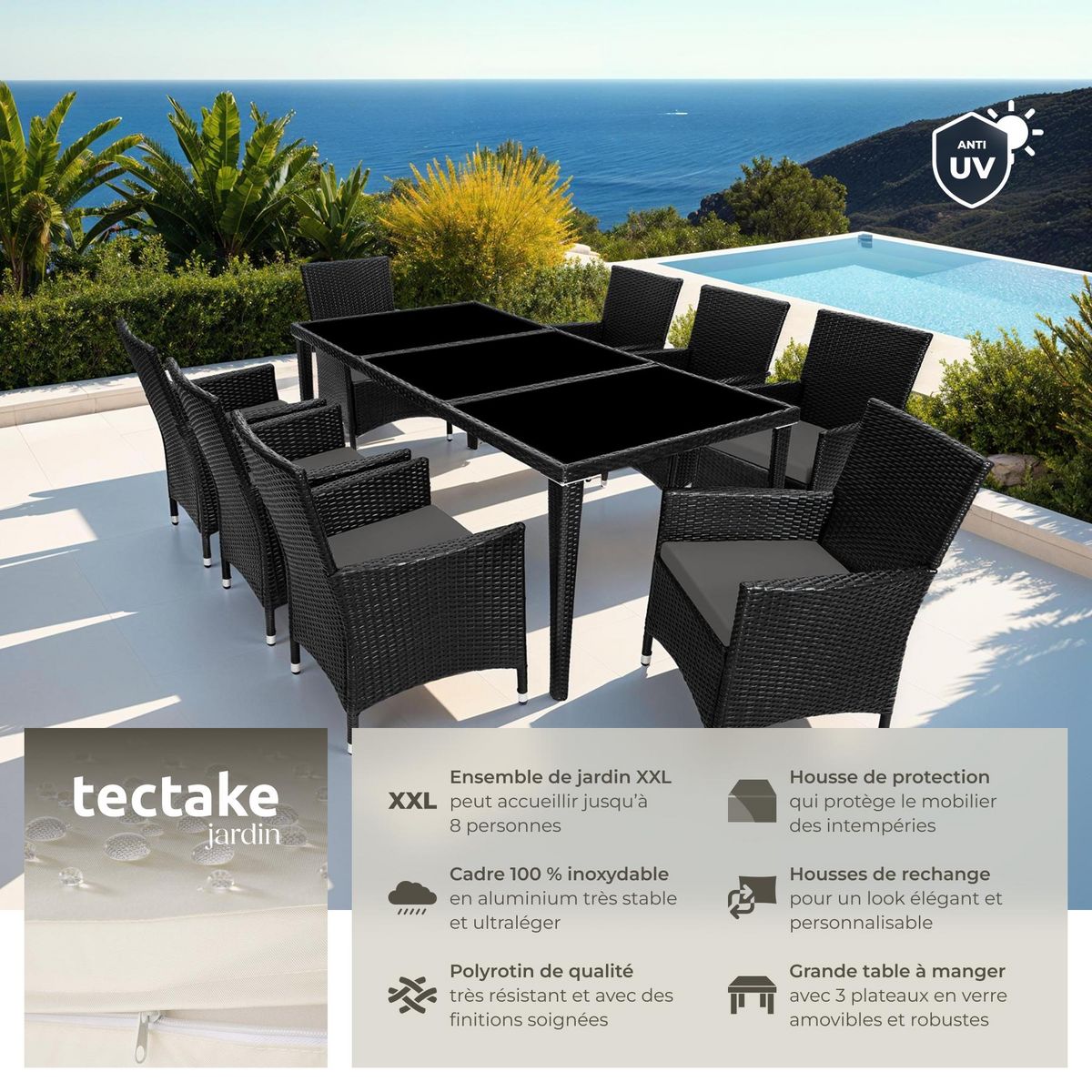 tectake Salon de jardin avec cadre en aluminium noir