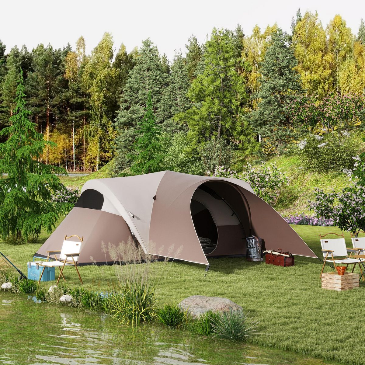 OUTSUNNY Tente de camping familiale 5-6 pers. étanchéité 3000 mm sac coloris café