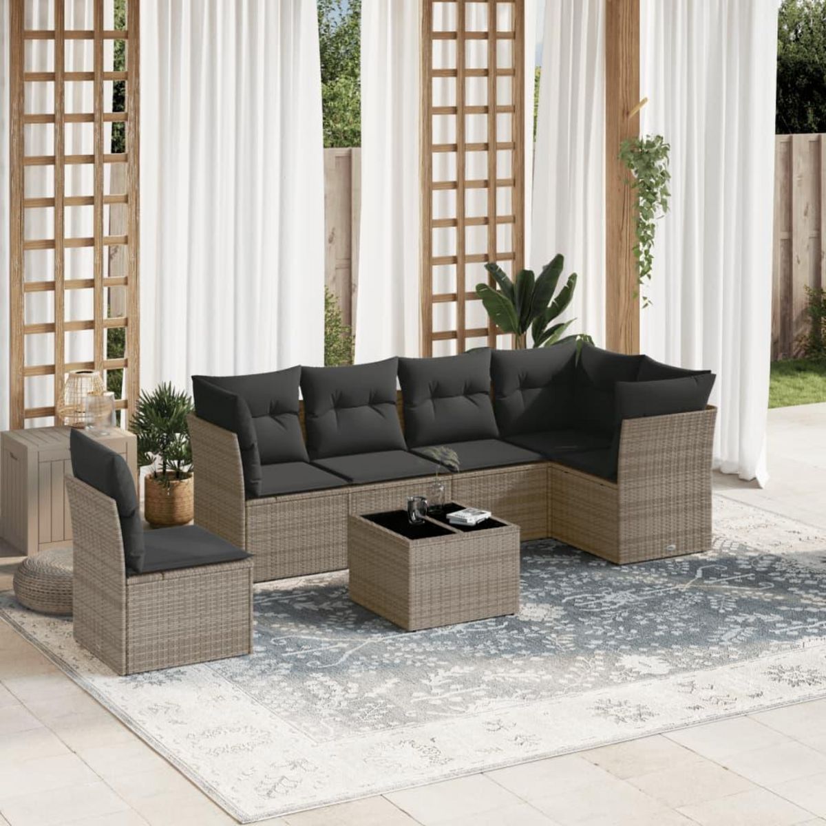 VIDAXL Salon de jardin avec coussins 7 pcs gris resine tressee