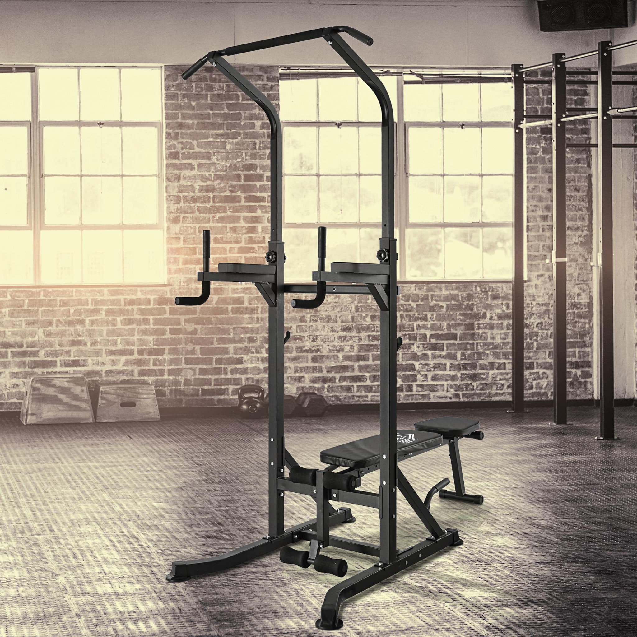Voir la diapositive 2 : HOMCOM Station de musculation Fitness entrainement complet - barre de traction, à dips, banc de musculation pliable, poignées push-up  - acier noir