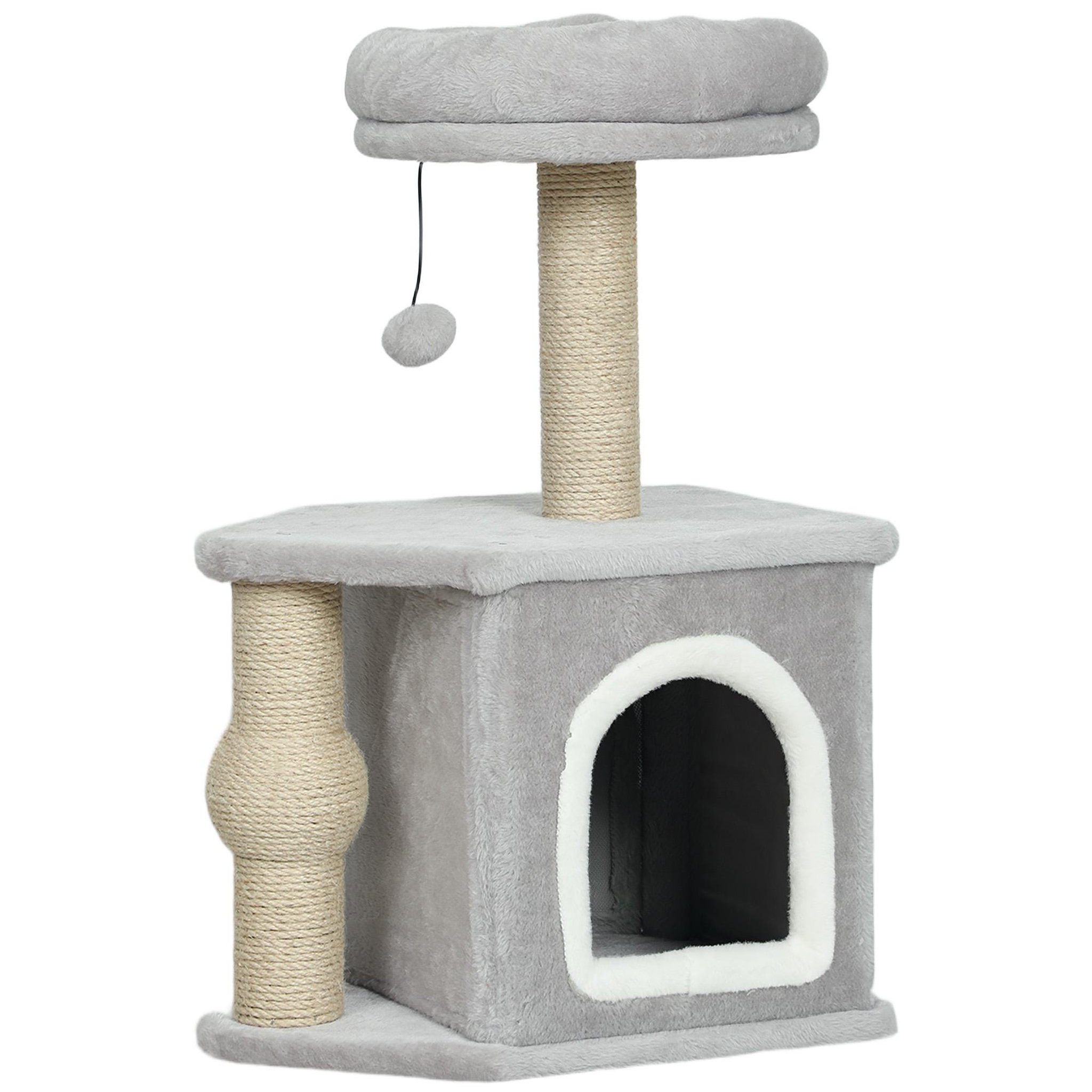PAWHUT Arbre à chat h.66 cm poteaux à griffer jute lit maison chat plateforme balle de jeu gris