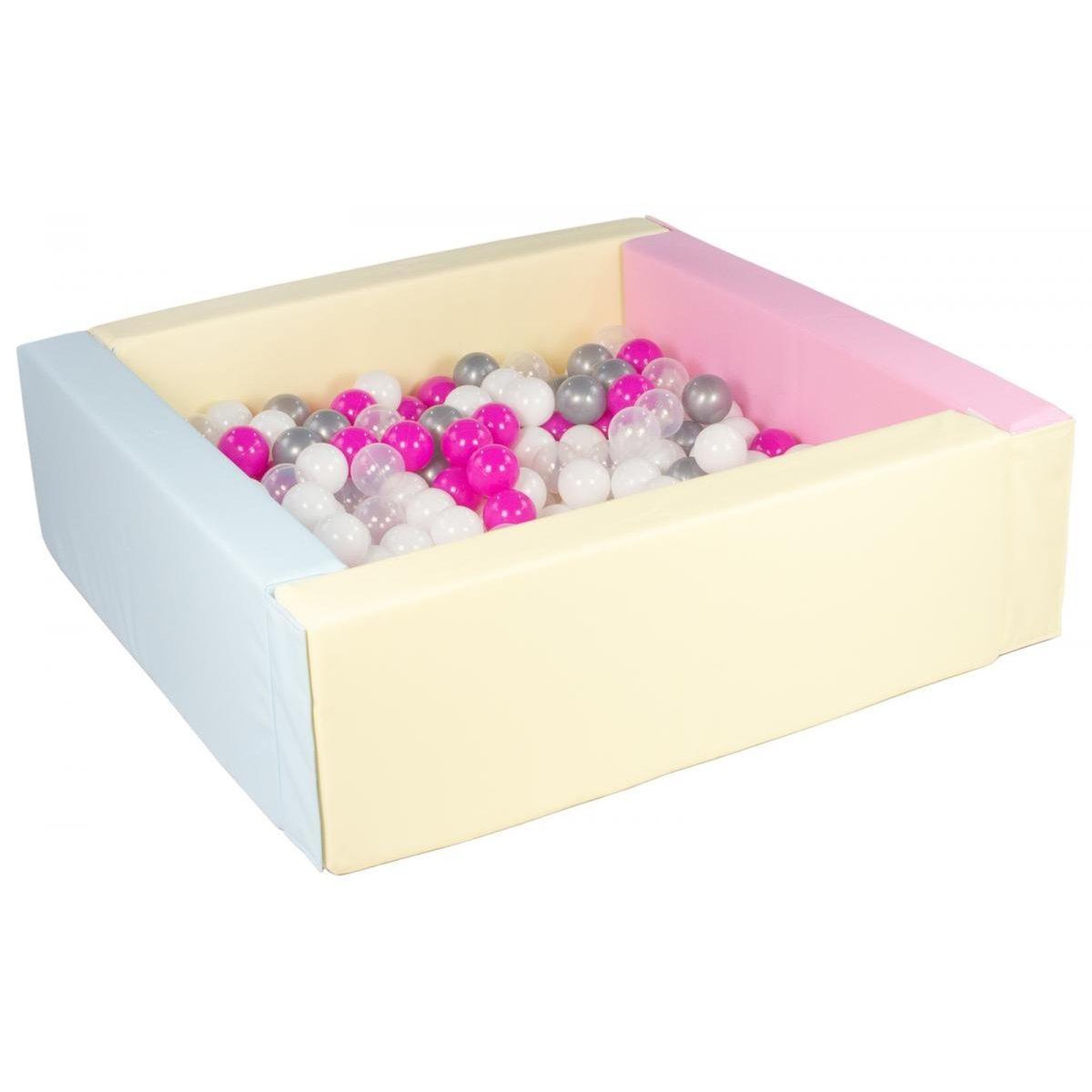 VELINDA Piscine à balles carrée avec 300 balles - rose, bleu, jaune p/blanc, transparent, rose, argent