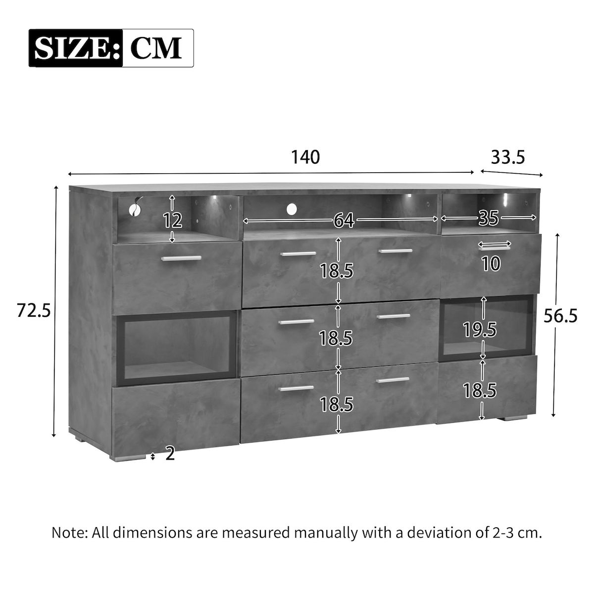 MERAX Buffet 2 porte(s) 3 tiroir(s) - 140 cm gris led panneau de particules