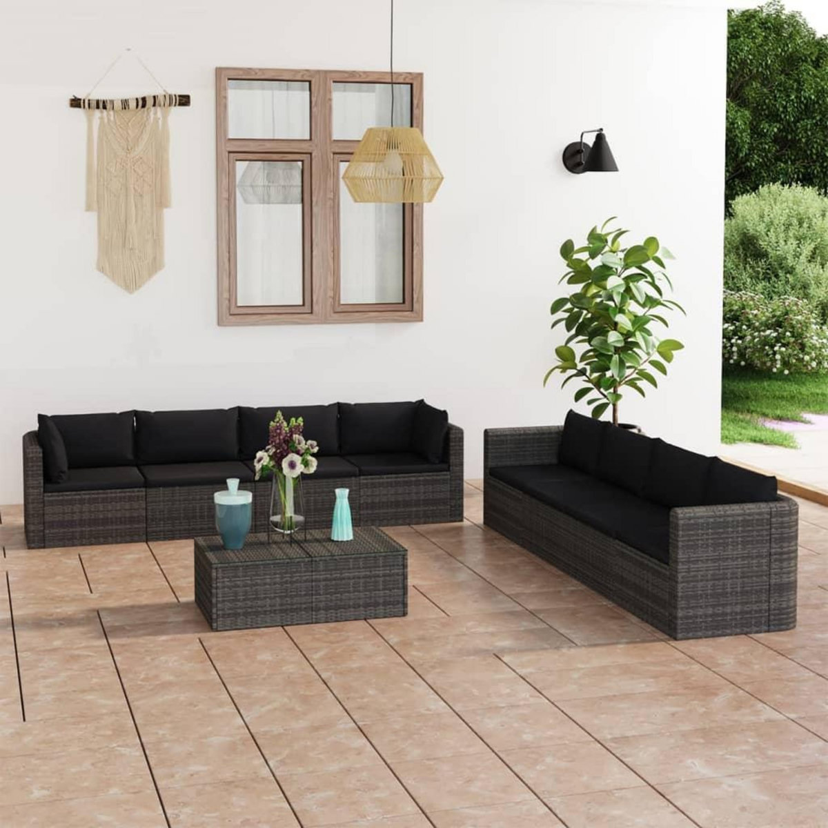 VIDAXL Salon de jardin 9 pcs avec coussins Resine tressee Gris
