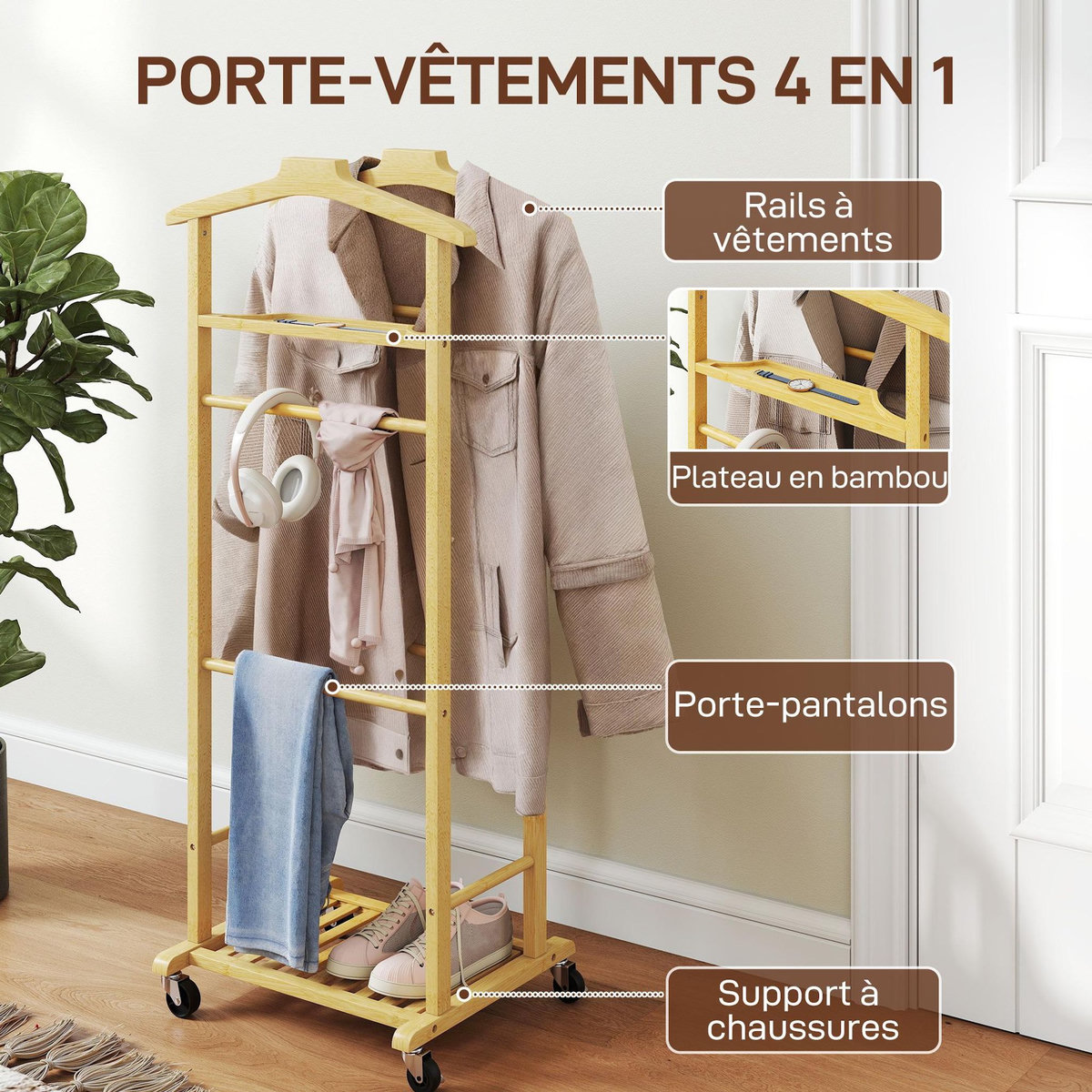 HOMCOM Valet de chambre mobile bois bambou verni - 2 cintres, 4 barres, 2 étagères - dim. 47 x 33 x 105 cm