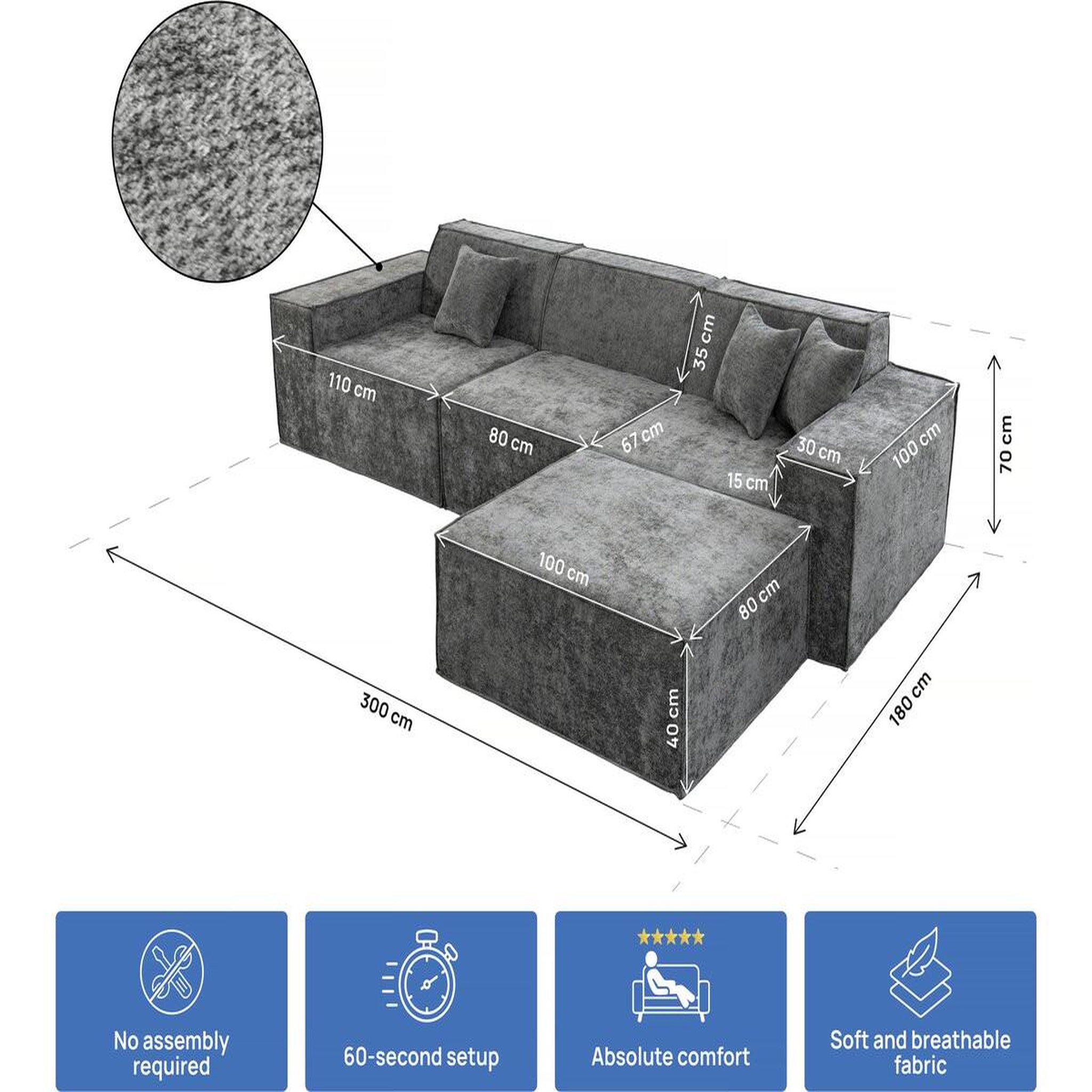 Voir la diapositive 3 : Habitat et Jardin Canapé droit modulable avec ottoman en tissu texturé  lusso  - 4 places - gris