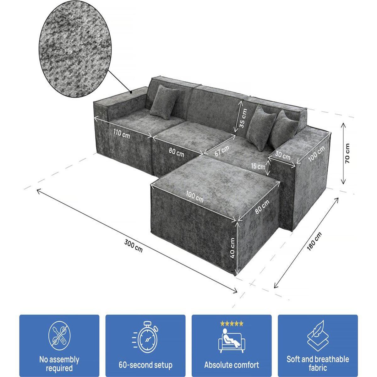 Habitat et Jardin Canapé droit modulable avec ottoman en tissu texturé  Lusso  - 4 places - Gris