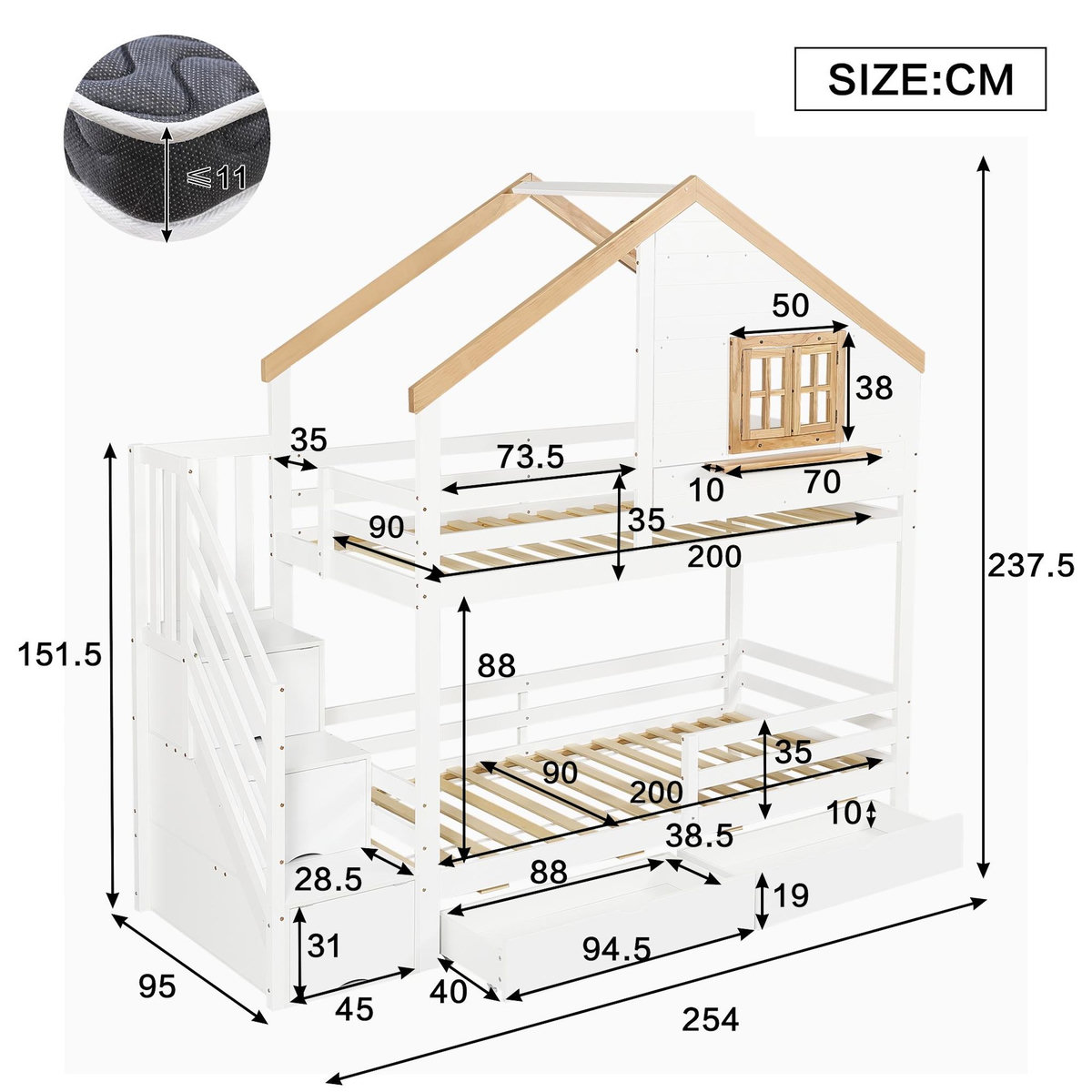 MERAX Lit superposé 90x200cm coloris blanc+naturel pin et mdf