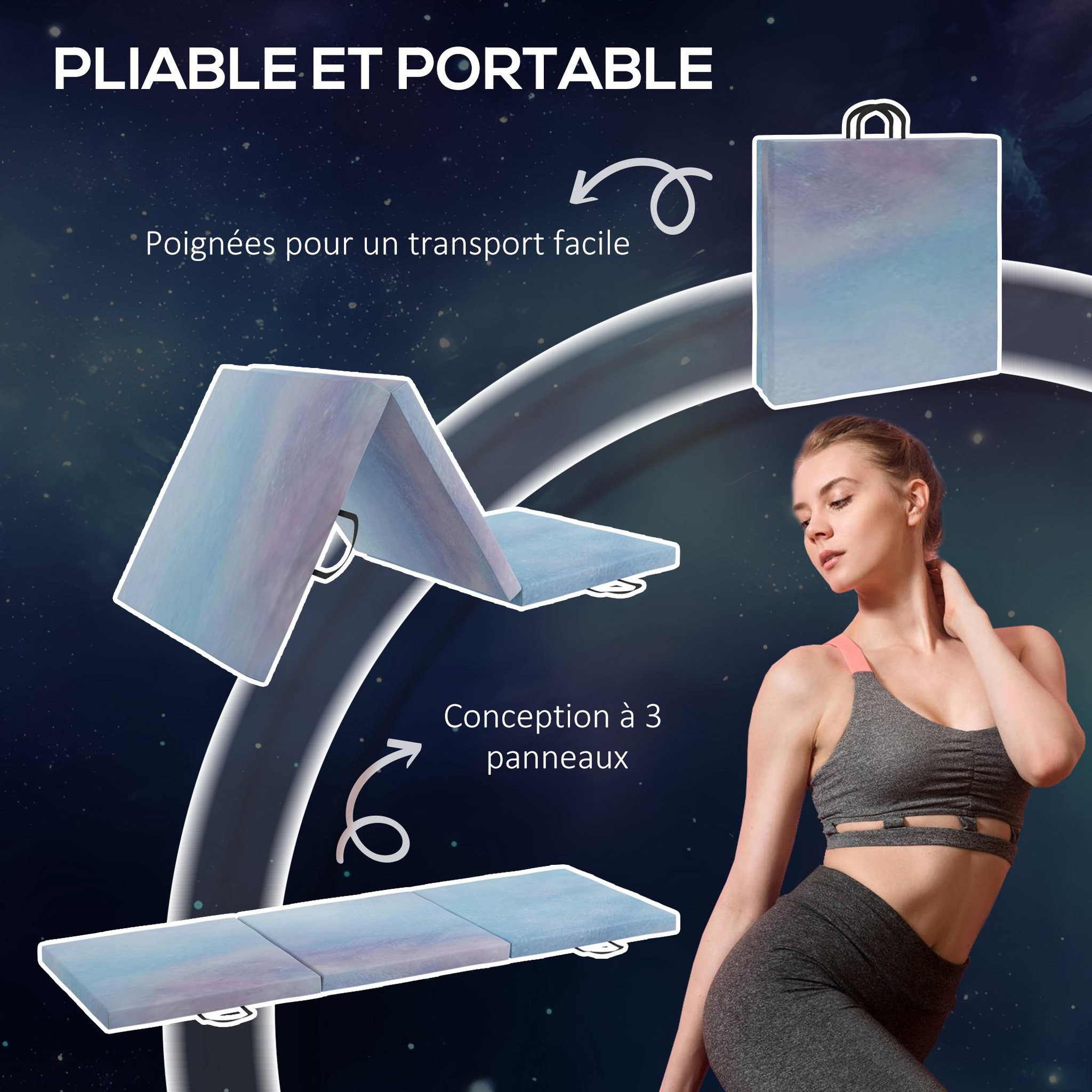 Voir la diapositive 4 : HOMCOM Tapis de sol gymnastique fitness pliable portable rembourrage mousse 5 cm dim. 1,8l x 0,6l m revêtement synthétique bleu