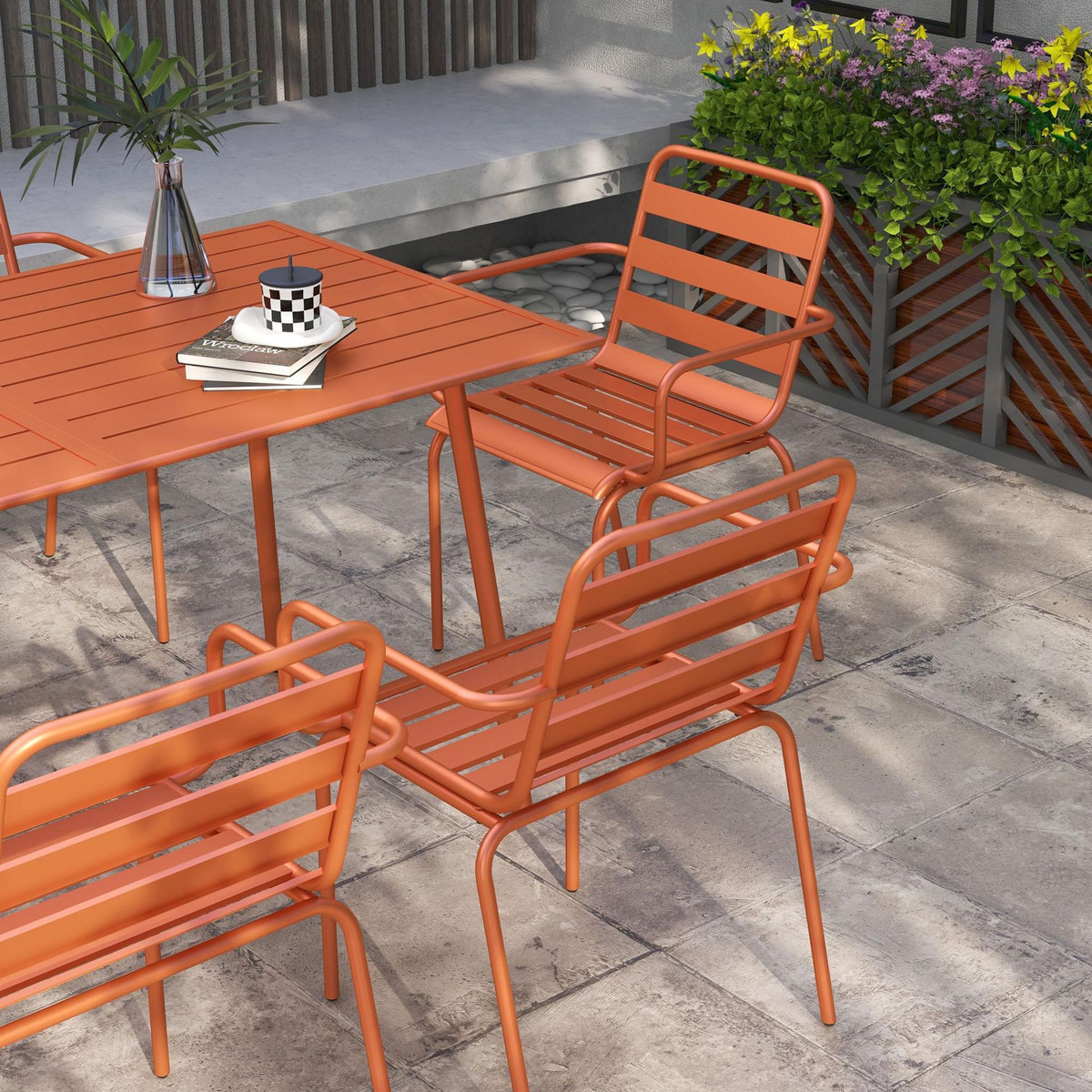 OUTSUNNY Salon de jardin 6 places 7 pièces - table à manger 6 chaises empilables - acier thermolaqué terre battue