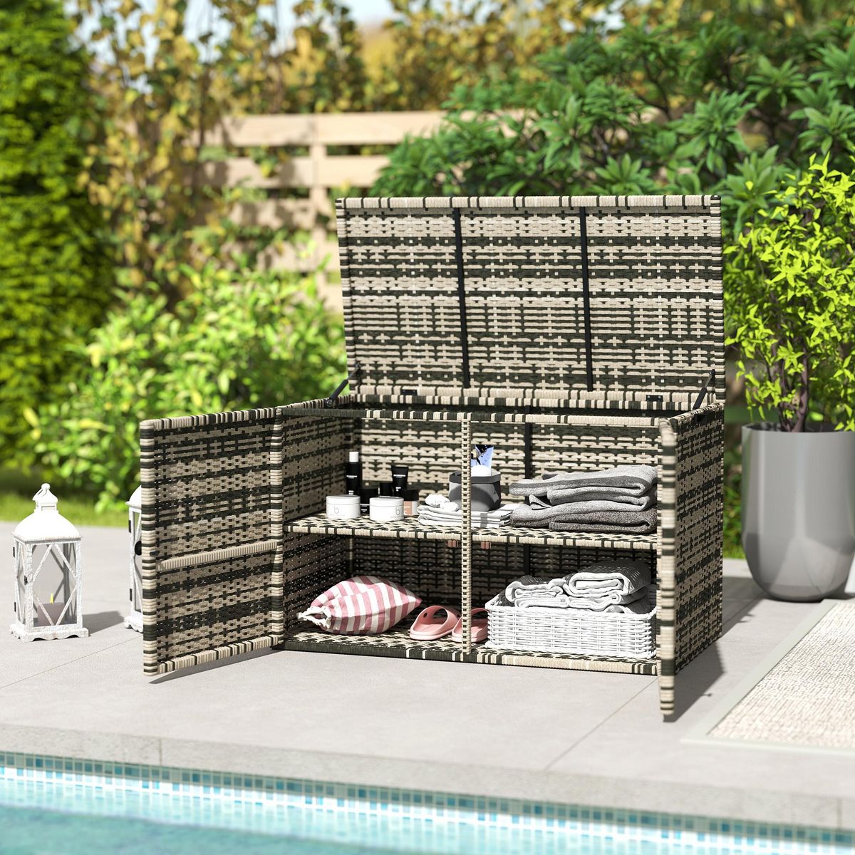OUTSUNNY Coffre de jardin 3 portes étagère 350L dim. 118 x 57 x 69 cm résine tressée camaïeu de gris