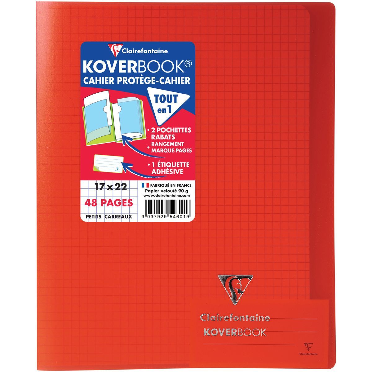 CLAIREFONTAINE Cahier piqué polypro Koverbook 17x22cm 48 pages petits carreaux 5x5 translucide rouge