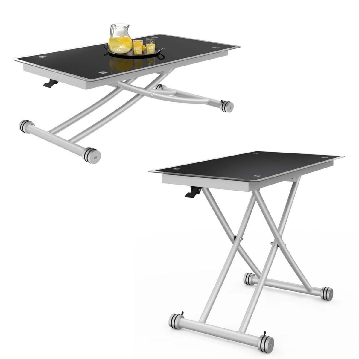 ID MARKET Table basse fixe relevable en table à manger rectangulaire URBANA plateau verre trempé pied chrome