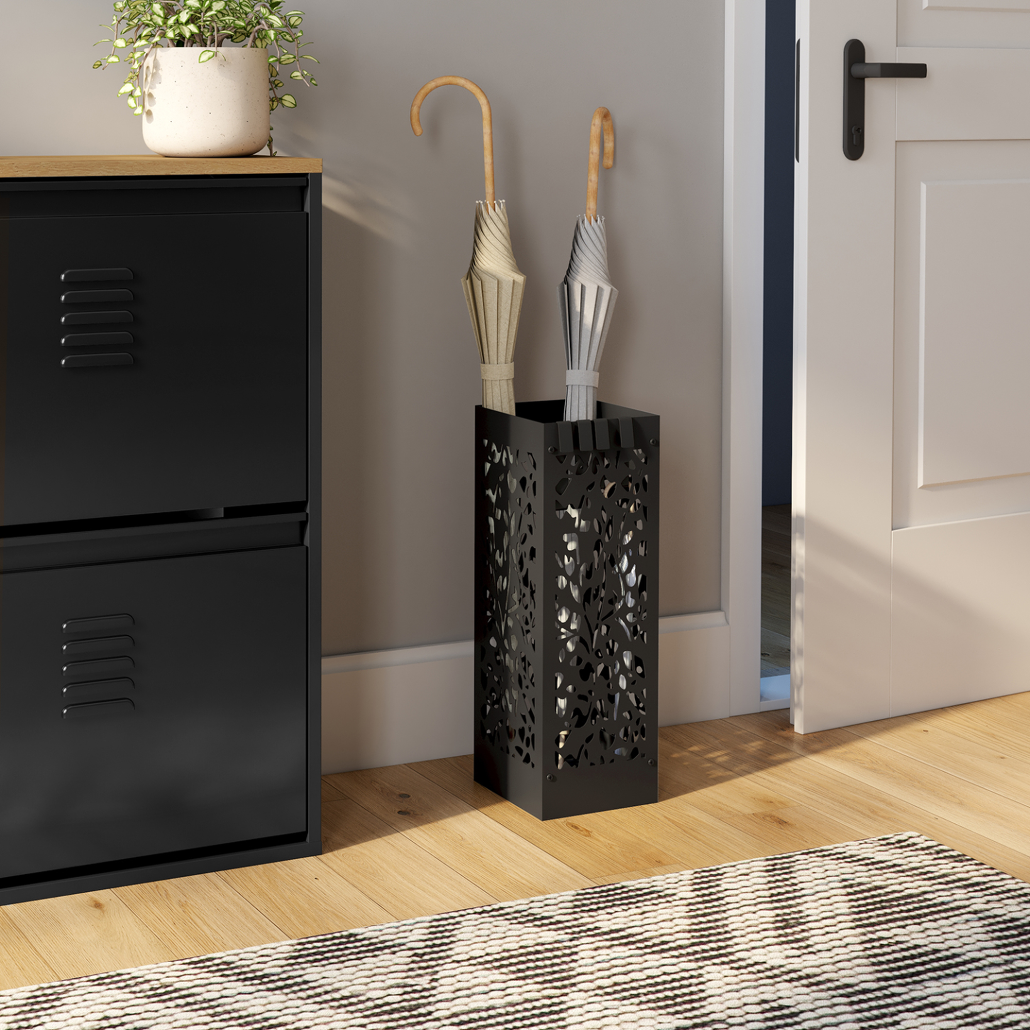 Voir la diapositive 2 : ID MARKET Porte parapluie FLOWER carré en acier noir hauteur 45 cm