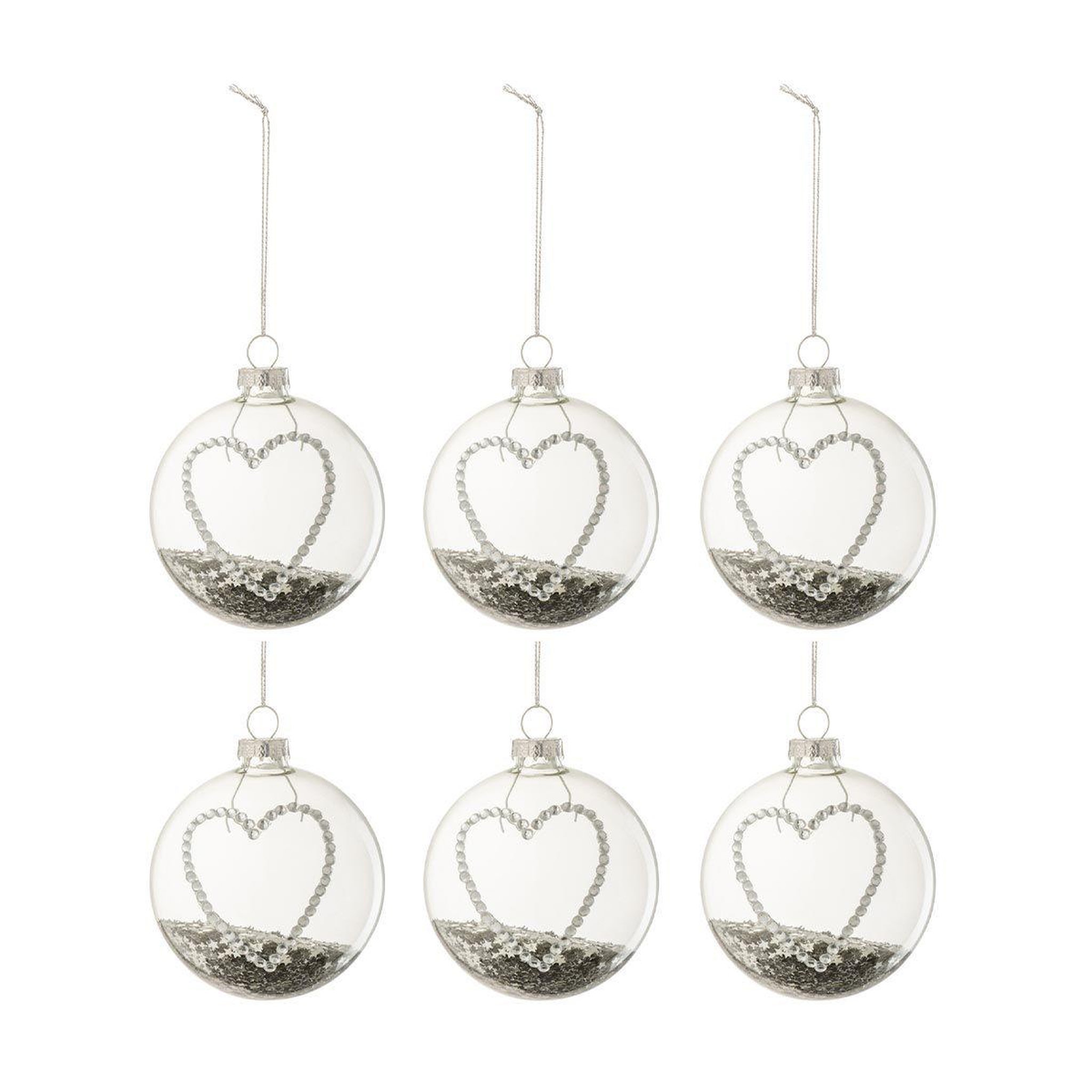 J-LINE Lot de 6 boules de noël  cœur strass  8cm argent