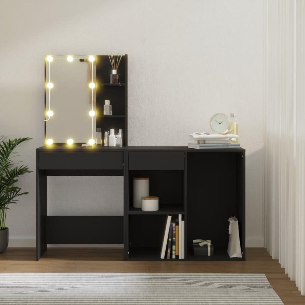 VIDAXL Coiffeuse a LED avec armoire noir bois d'ingenierie