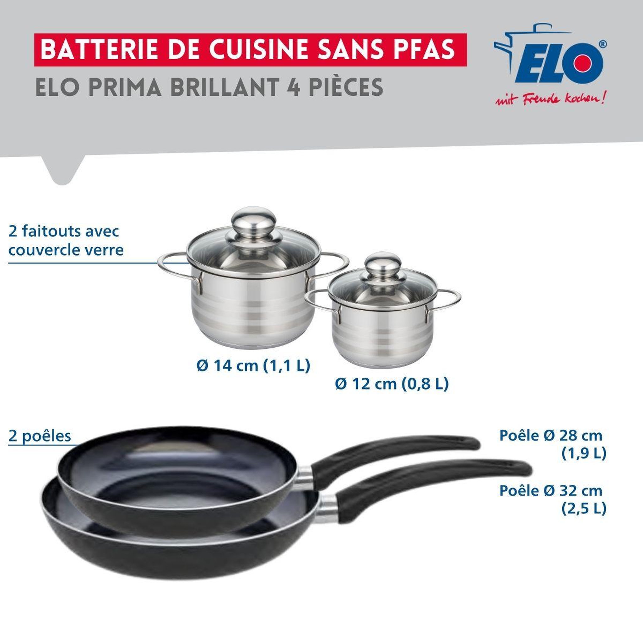 Voir la diapositive 2 : ELO Ensemble de 2 poêles de cuisson 28 et 32 cm et 2 faitouts 12 et 14 cm elo prima brillant