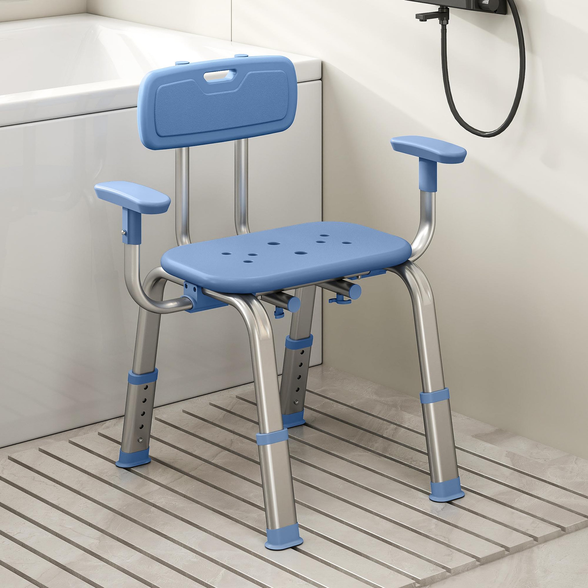 Voir la diapositive 4 : HOMCOM Chaise de douche réglable avec accoudoirs dossier alu hdpe bleu