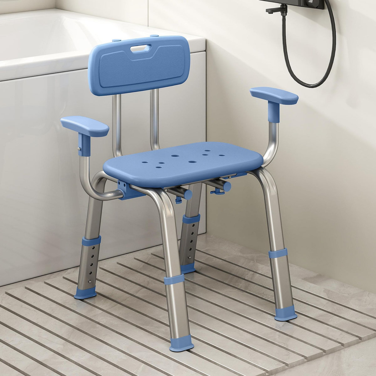 HOMCOM Chaise de douche réglable avec accoudoirs dossier alu HDPE bleu